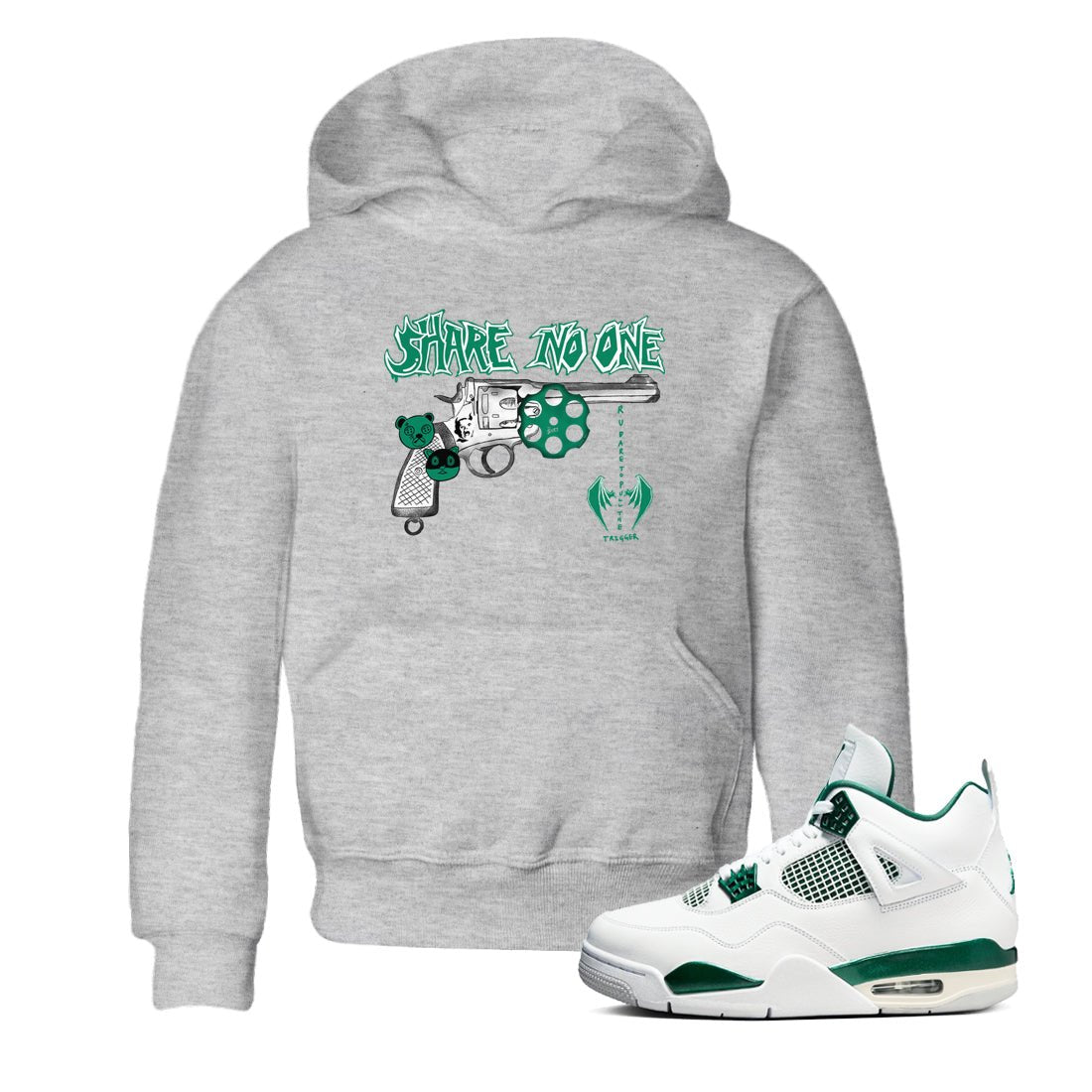 4s Oxidized Green shirts to match jordans Share No One sneaker match tees Air Jordan 4 Oxidized Green SNRT Sneaker Tees streetwear brand Baby and Youth Heather Grey 1 cotton tee