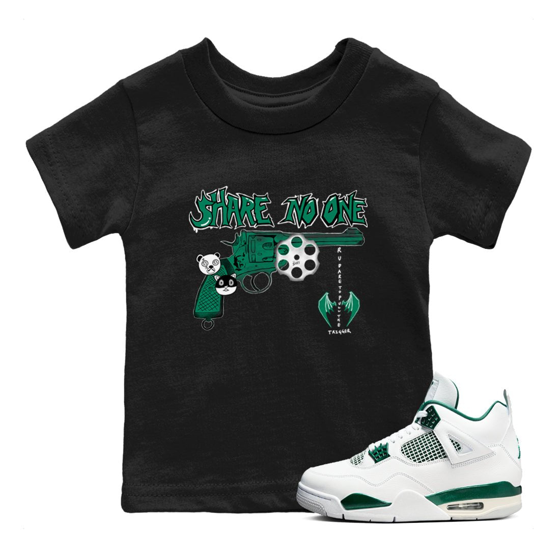 4s Oxidized Green shirts to match jordans Share No One sneaker match tees Air Jordan 4 Oxidized Green SNRT Sneaker Tees streetwear brand Baby and Youth Black 1 cotton tee