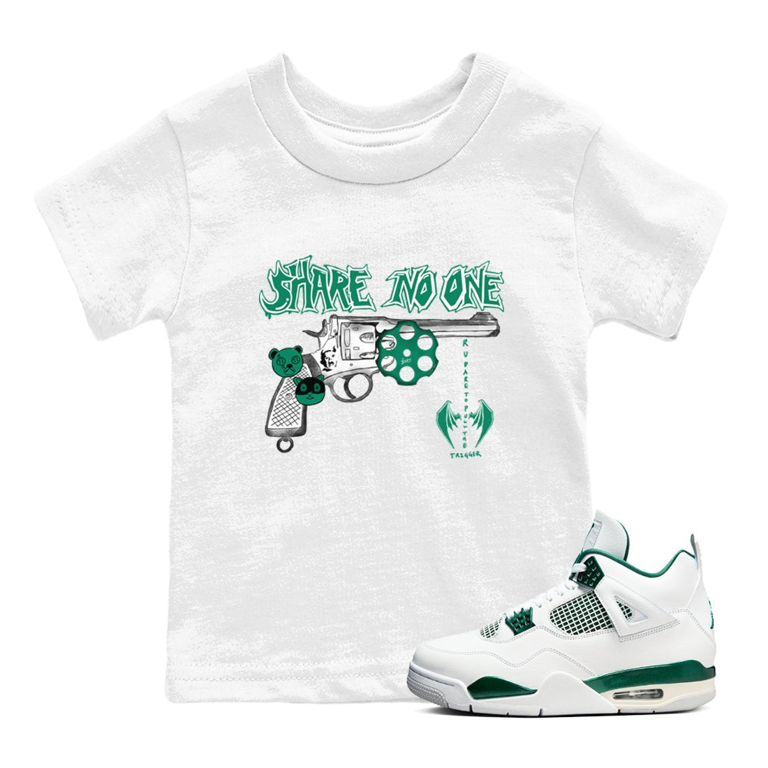 4s Oxidized Green shirts to match jordans Share No One sneaker match tees Air Jordan 4 Oxidized Green SNRT Sneaker Tees streetwear brand Baby and Youth White 1 cotton tee