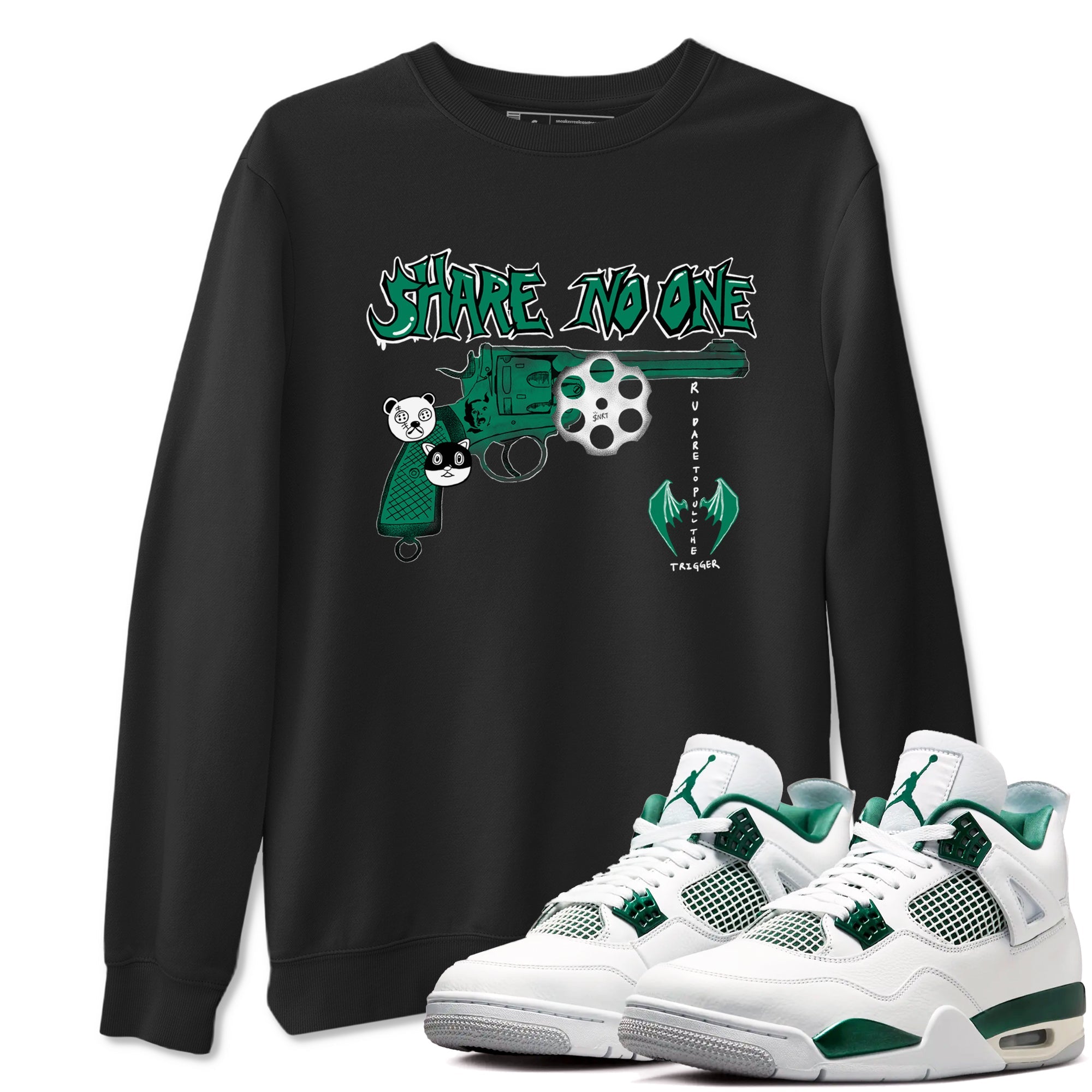 4s Oxidized Green shirts to match jordans Share No One sneaker match tees Air Jordan 4 Oxidized Green SNRT Sneaker Tees streetwear brand Black 1 unisex cotton tee