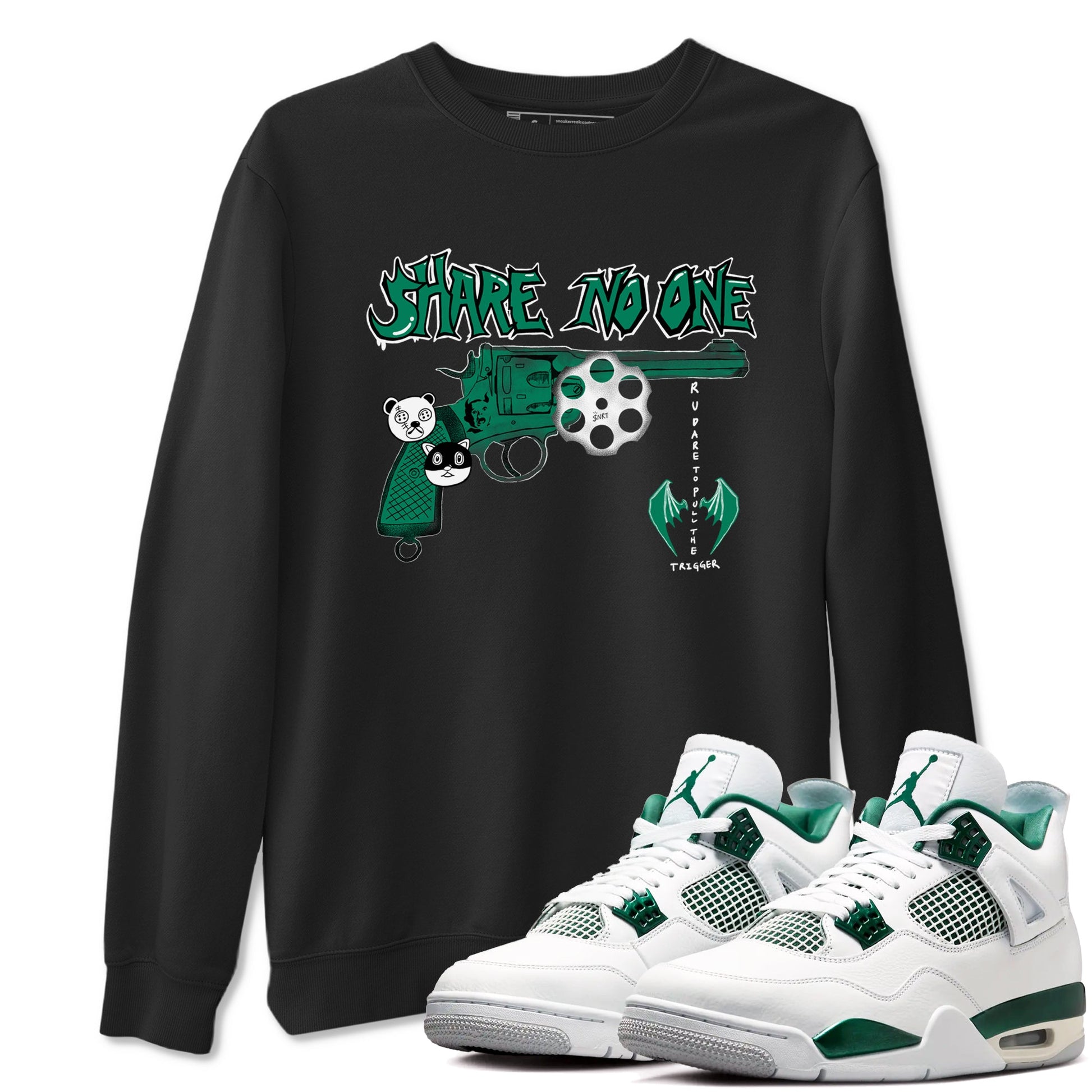 4s Oxidized Green shirts to match jordans Share No One sneaker match tees Air Jordan 4 Oxidized Green SNRT Sneaker Tees streetwear brand Black 1 unisex cotton tee