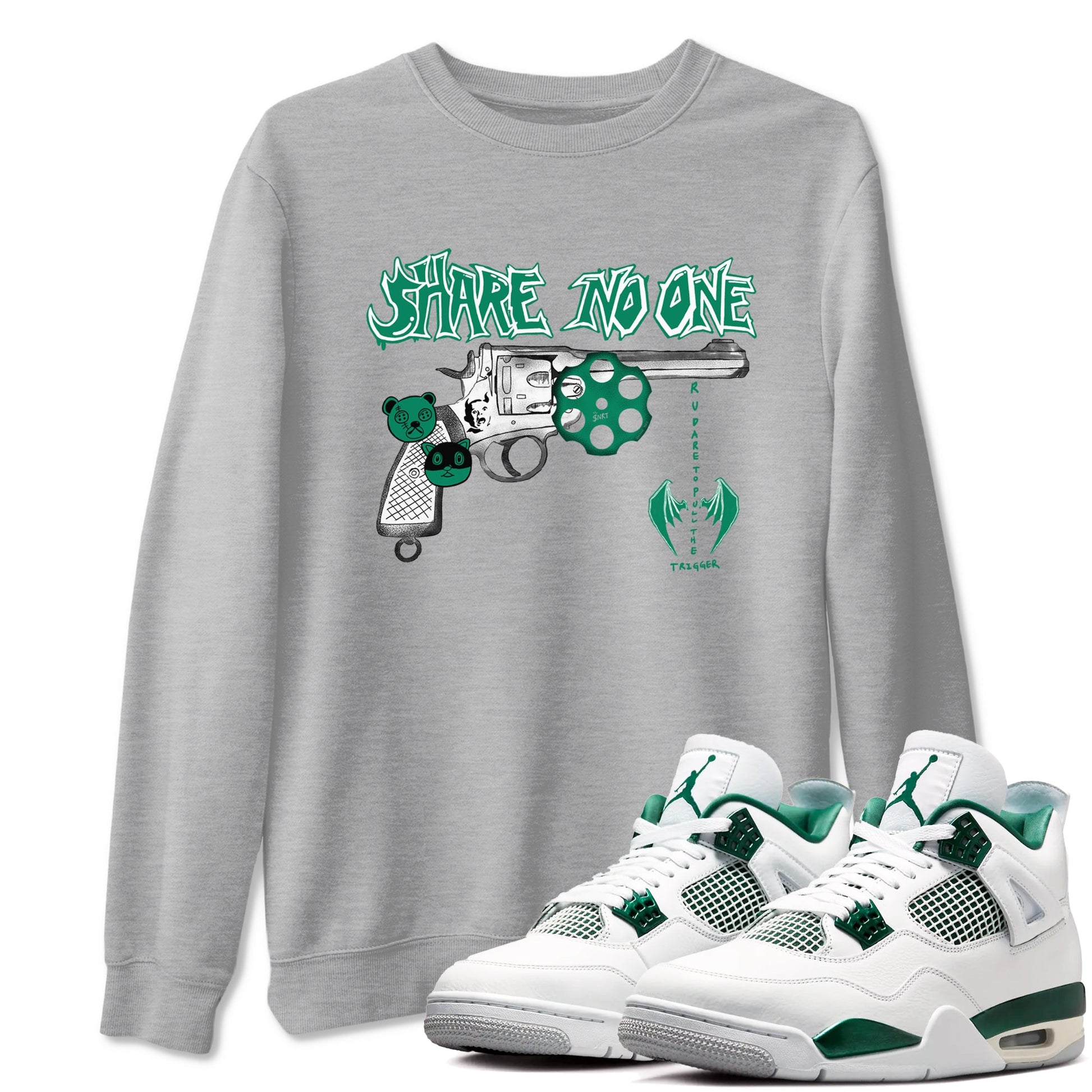 4s Oxidized Green shirts to match jordans Share No One sneaker match tees Air Jordan 4 Oxidized Green SNRT Sneaker Tees streetwear brand Heather Grey 1 unisex cotton tee