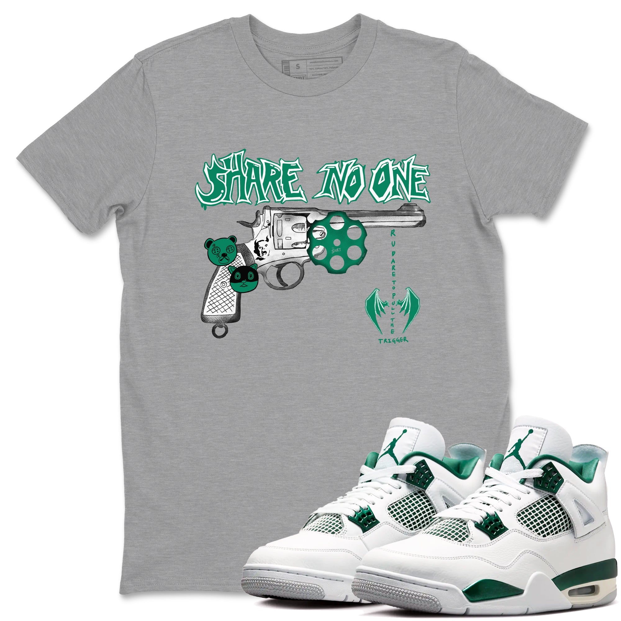4s Oxidized Green shirts to match jordans Share No One sneaker match tees Air Jordan 4 Oxidized Green SNRT Sneaker Tees streetwear brand Heather Grey 1 unisex cotton tee
