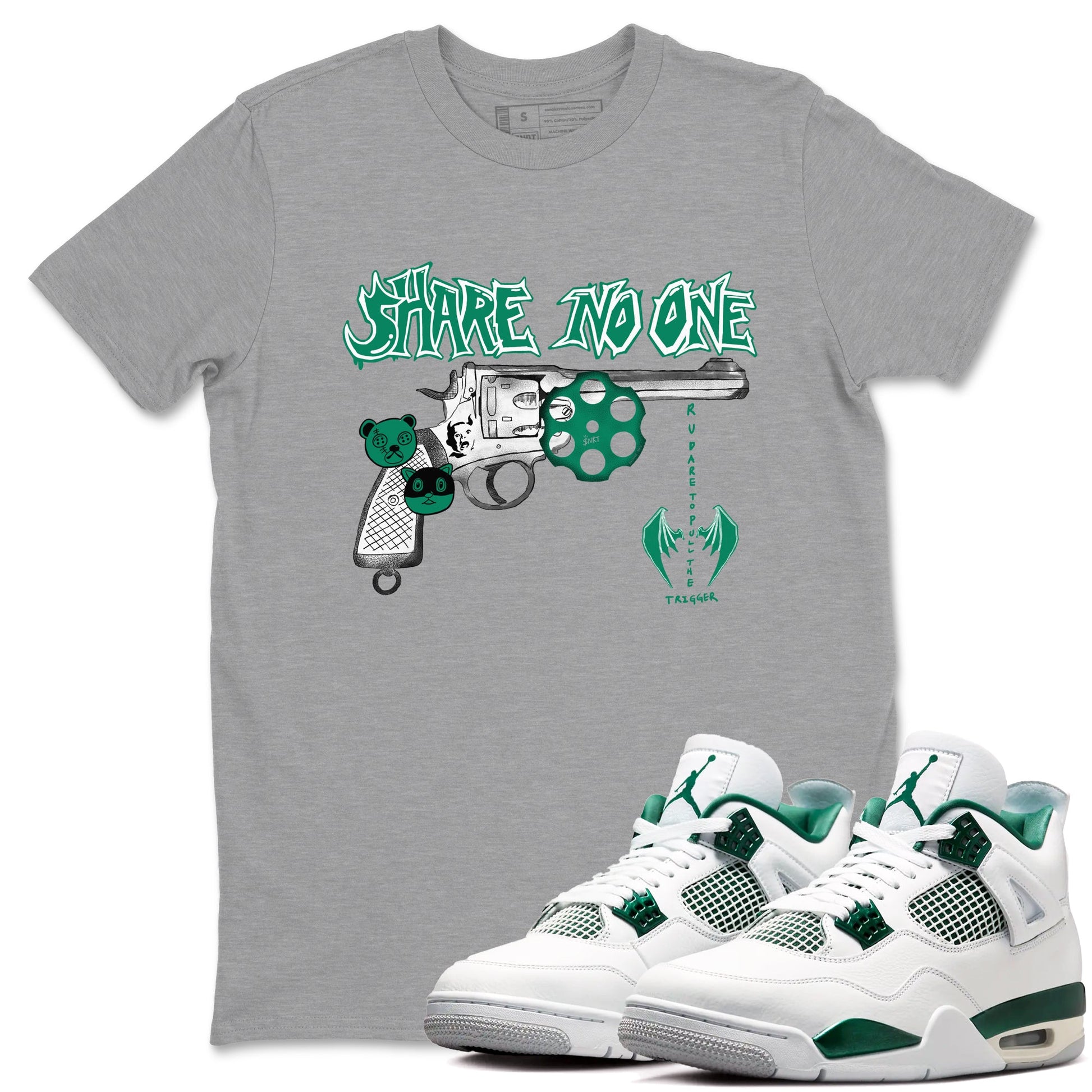 4s Oxidized Green shirts to match jordans Share No One sneaker match tees Air Jordan 4 Oxidized Green SNRT Sneaker Tees streetwear brand Heather Grey 1 unisex cotton tee
