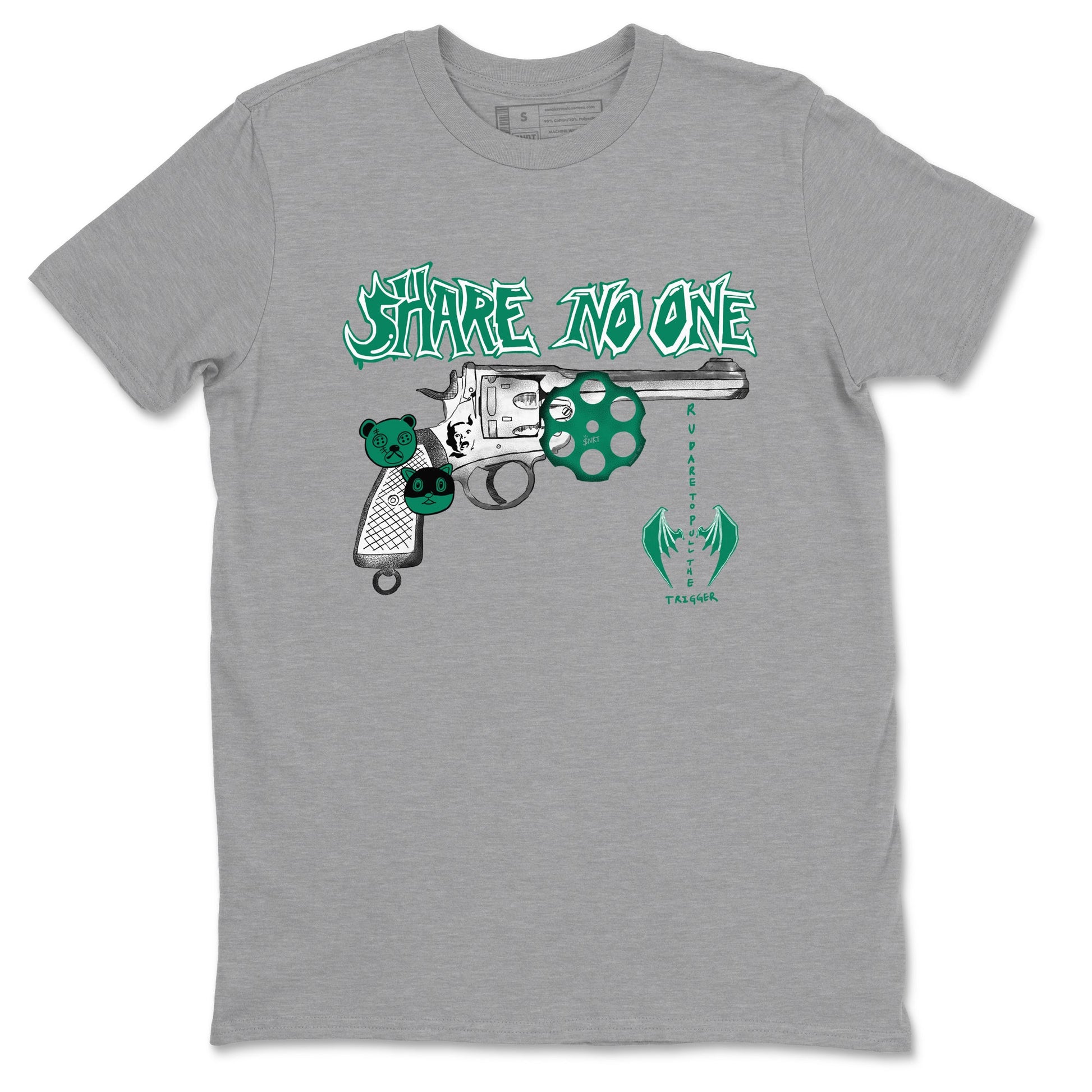 4s Oxidized Green shirts to match jordans Share No One sneaker match tees Air Jordan 4 Oxidized Green SNRT Sneaker Tees streetwear brand Heather Grey 2 unisex cotton tee