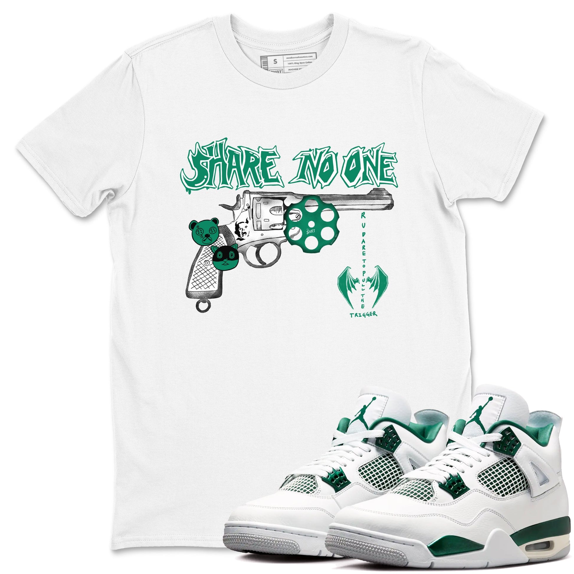 4s Oxidized Green shirts to match jordans Share No One sneaker match tees Air Jordan 4 Oxidized Green SNRT Sneaker Tees streetwear brand White 1 unisex cotton tee