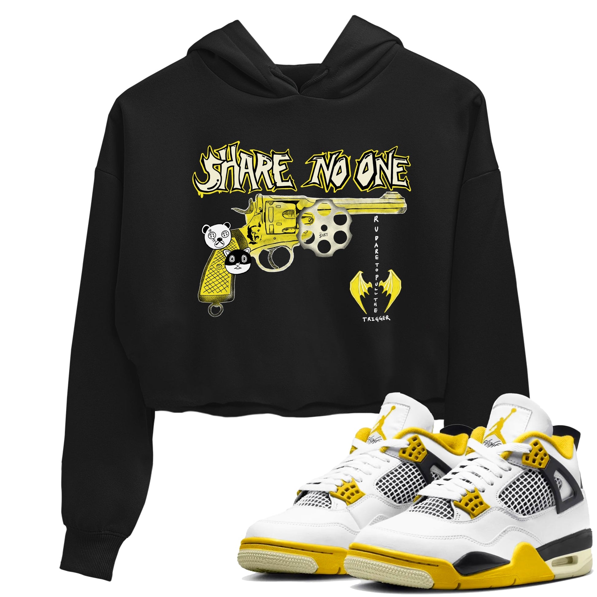 4s Vivid Sulfur shirt to match jordans Share No One sneaker tees Air Jordan 4 Vivid Sulfur SNRT Sneaker Release Tees Black 1 crop length shirt