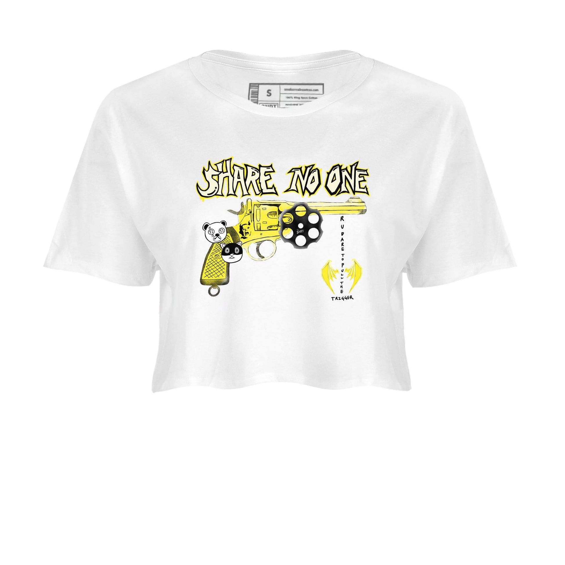 4s Vivid Sulfur shirt to match jordans Share No One sneaker tees Air Jordan 4 Vivid Sulfur SNRT Sneaker Release Tees White 2 crop length shirt