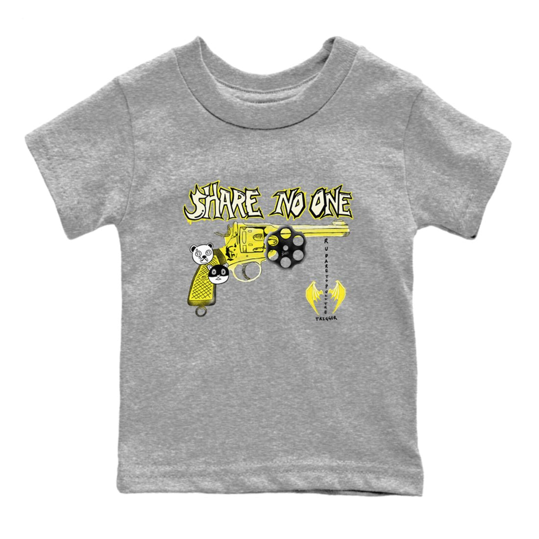 4s Vivid Sulfur shirt to match jordans Share No One sneaker tees Air Jordan 4 Vivid Sulfur SNRT sneaker release tees baby toddler Heather Grey 2 cotton Shirt