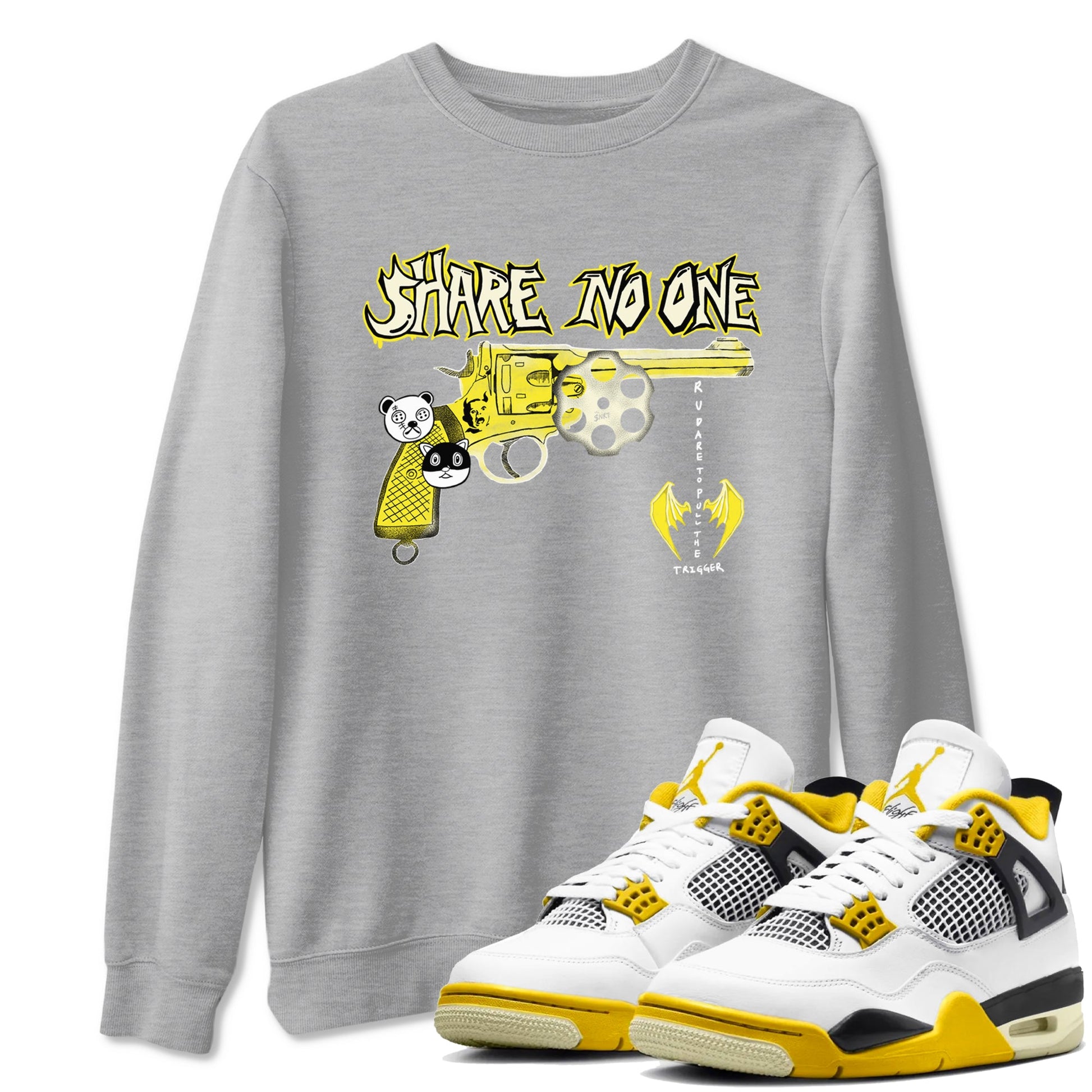 4s Vivid Sulfur shirt to match jordans Share No One sneaker tees Air Jordan 4 Vivid Sulfur SNRT Sneaker Release Tees unisex cotton Heather Grey 1 crew neck shirt