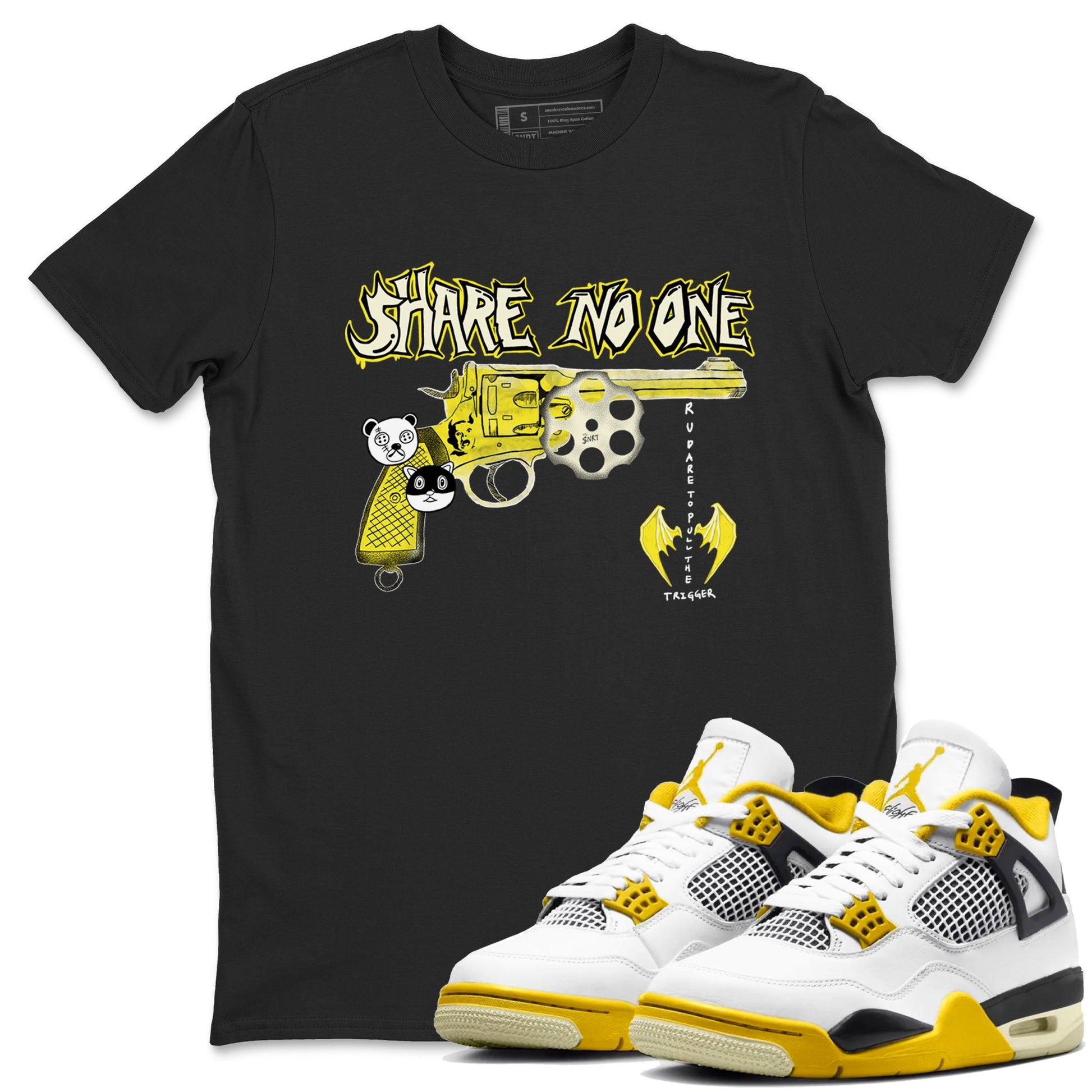 4s Vivid Sulfur shirt to match jordans Share No One sneaker tees Air Jordan 4 Vivid Sulfur SNRT Sneaker Release Tees unisex cotton Black 1 crew neck shirt