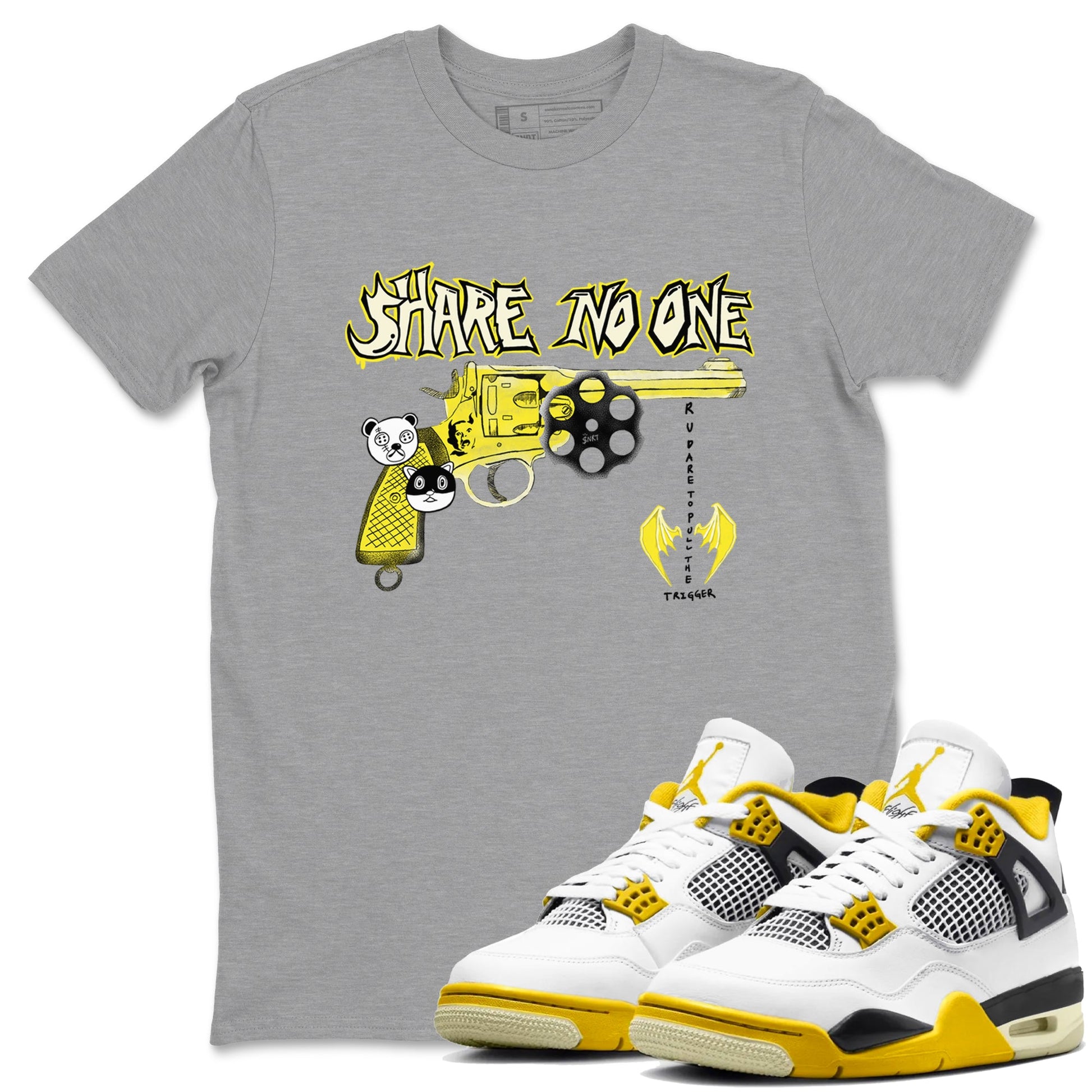 4s Vivid Sulfur shirt to match jordans Share No One sneaker tees Air Jordan 4 Vivid Sulfur SNRT Sneaker Release Tees unisex cotton Heather Grey 1 crew neck shirt