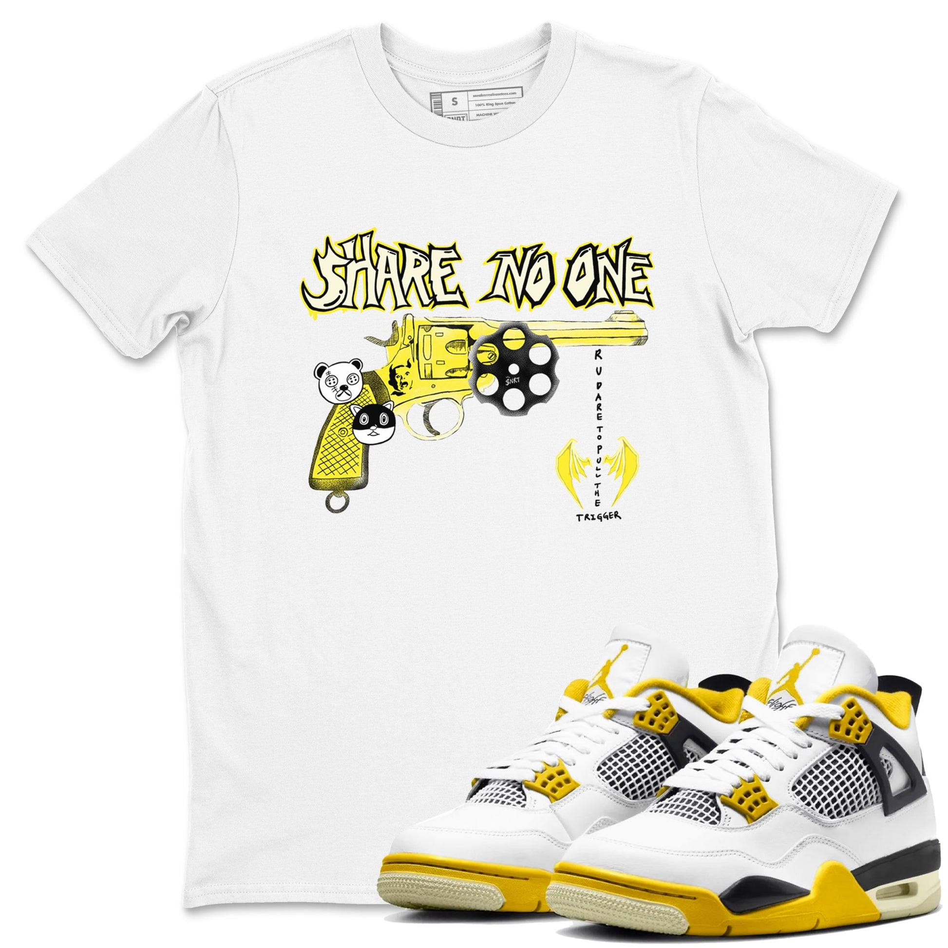 4s Vivid Sulfur shirt to match jordans Share No One sneaker tees Air Jordan 4 Vivid Sulfur SNRT Sneaker Release Tees unisex cotton White 1 crew neck shirt