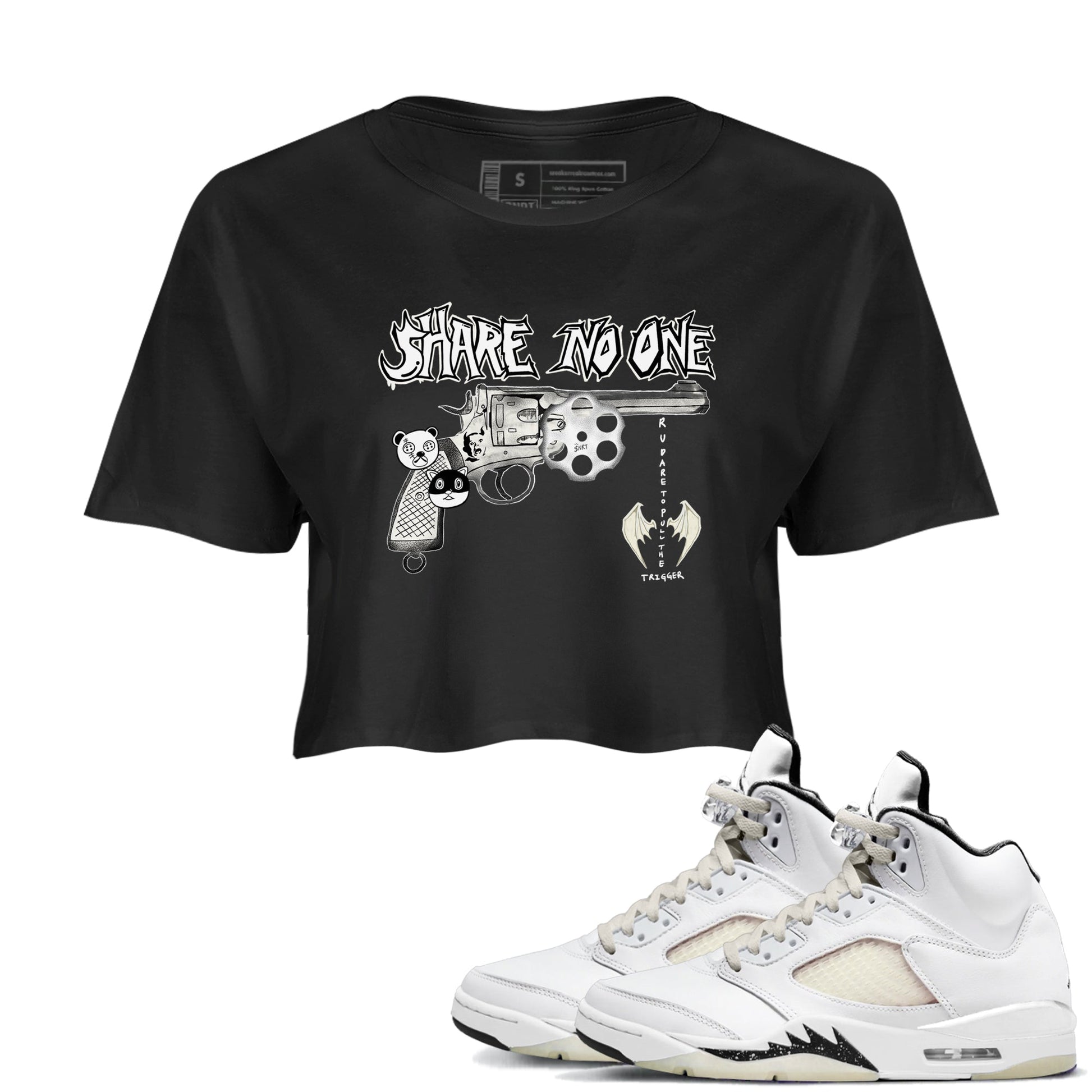 5s Sail shirt to match jordans Share No One sneaker tees Air Jordan 5 Sail SNRT Sneaker Release Tees Black 1 crop length shirt