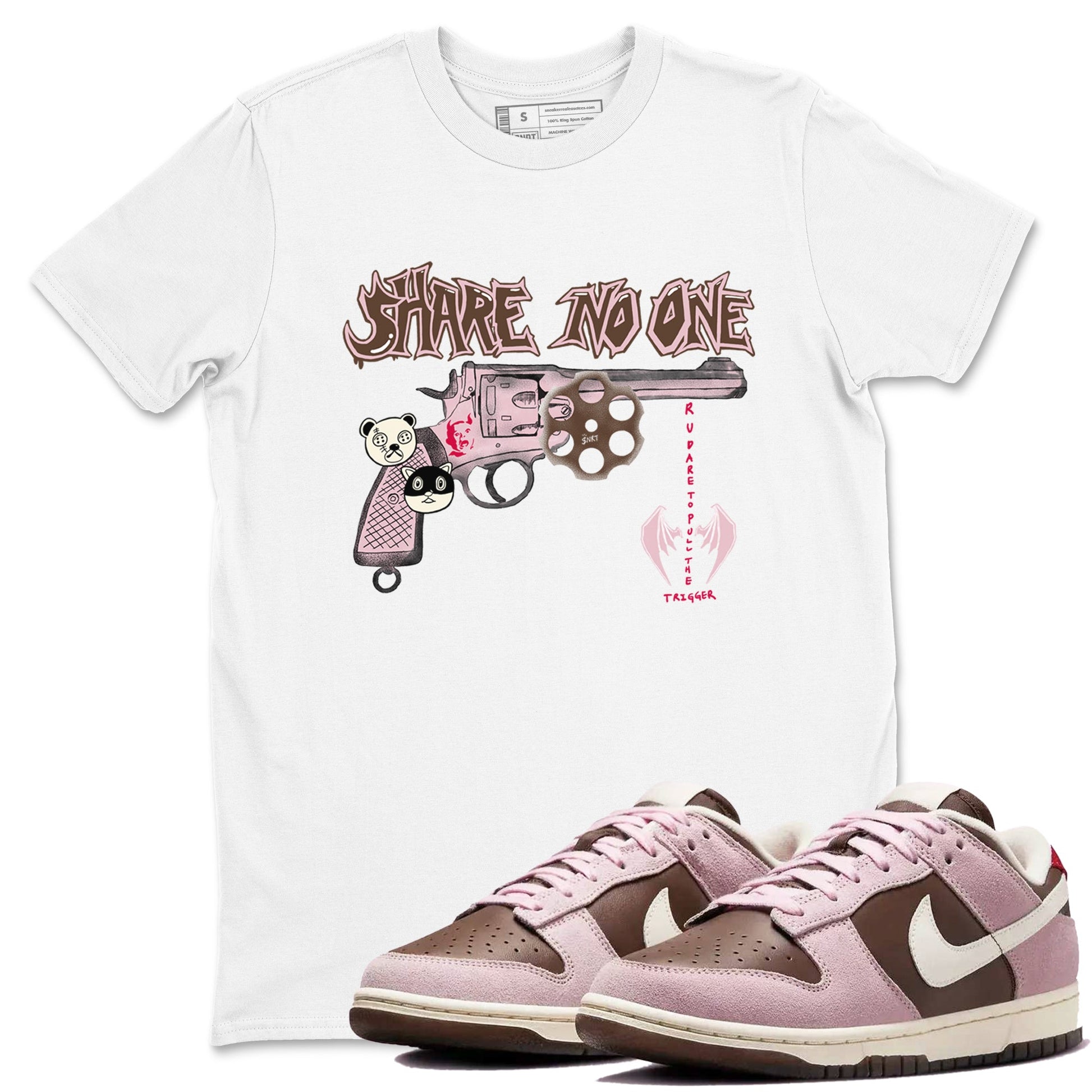 Dunk Cacao Wow And Pink foam shirts to match jordans Share No One sneaker match tees Dunk Cacao Wow And Pink foam SNRT Sneaker Tees streetwear brand White 1 unisex cotton tee