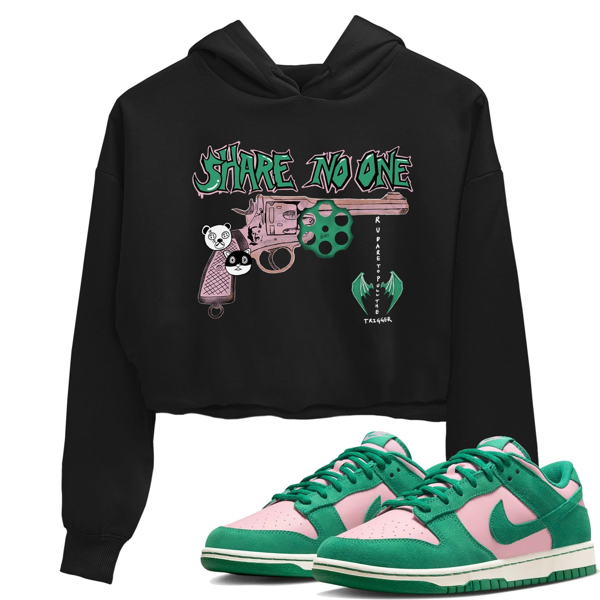 Dunk Medium Soft Pink Malachite shirt to match jordans Share No One sneaker tees Dunk Medium Soft Pink Malachite SNRT Sneaker Release Tees Black 1 crop length shirt