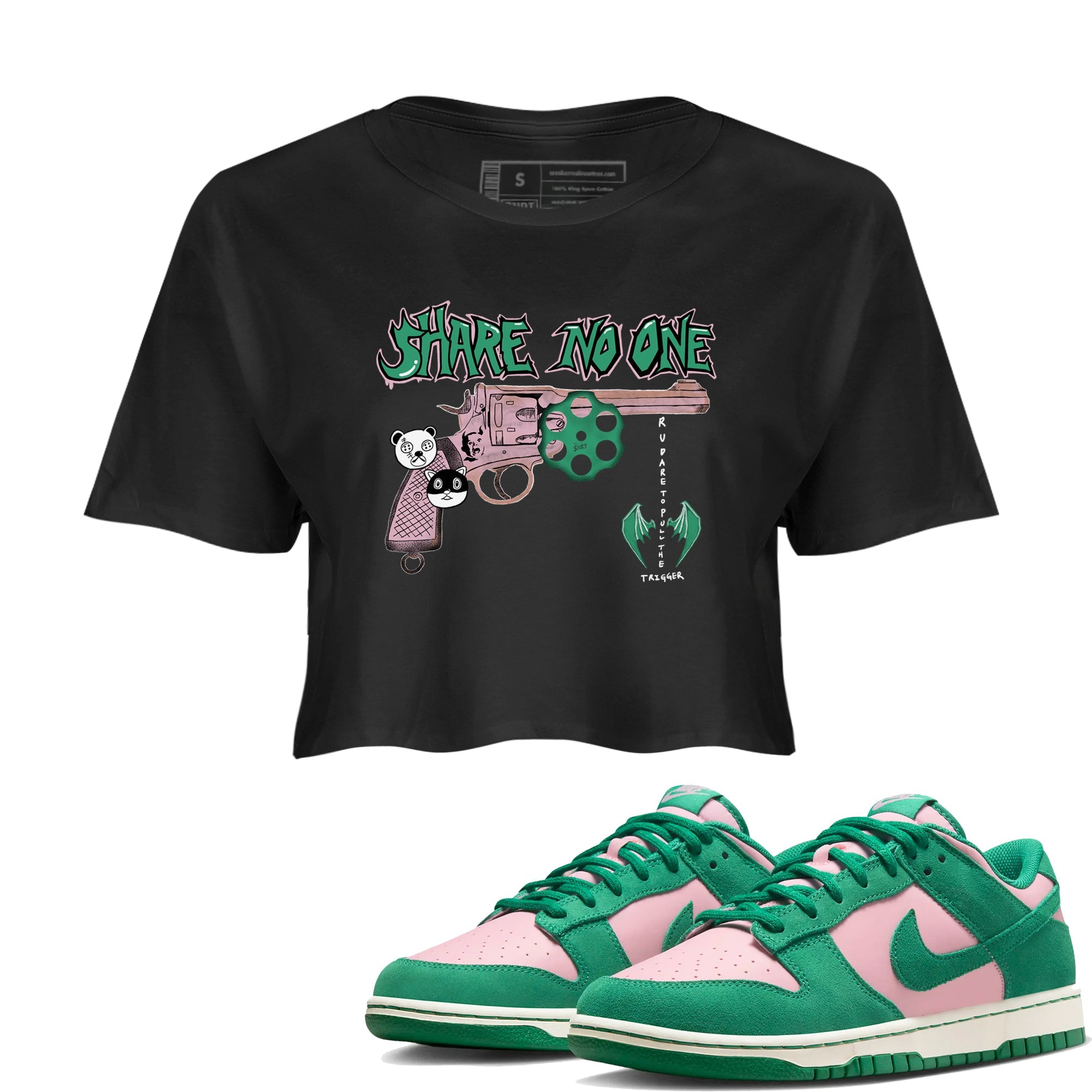 Dunk Medium Soft Pink Malachite shirt to match jordans Share No One sneaker tees Dunk Medium Soft Pink Malachite SNRT Sneaker Release Tees Black 1 crop length shirt