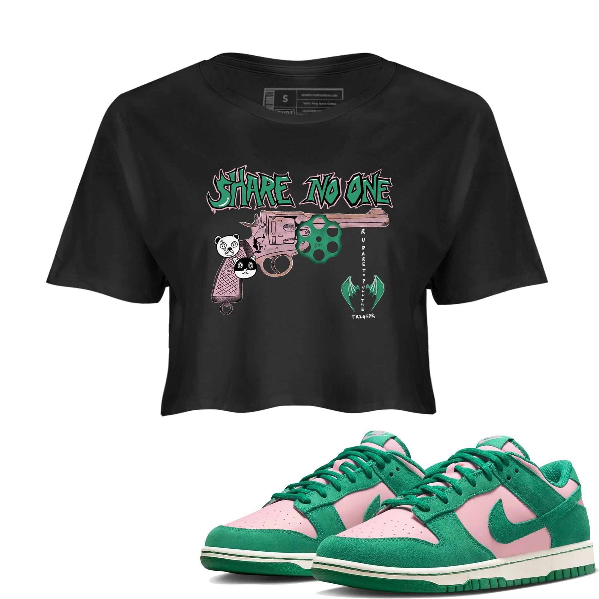 Dunk Medium Soft Pink Malachite shirt to match jordans Share No One sneaker tees Dunk Medium Soft Pink Malachite SNRT Sneaker Release Tees Black 1 crop length shirt