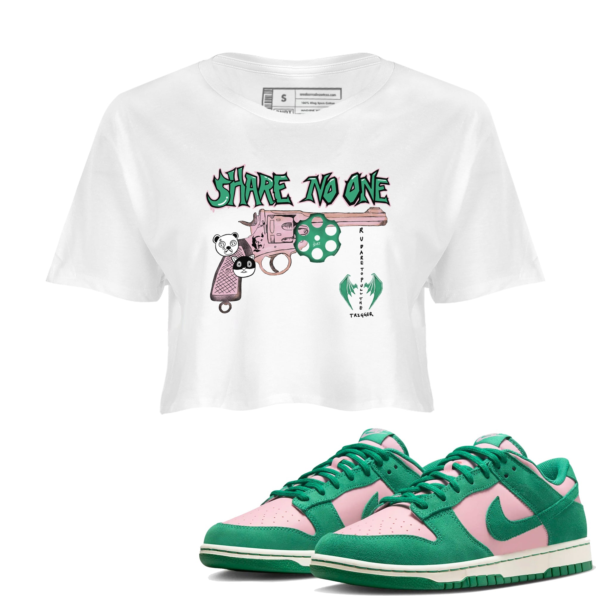 Dunk Medium Soft Pink Malachite shirt to match jordans Share No One sneaker tees Dunk Medium Soft Pink Malachite SNRT Sneaker Release Tees White 1 crop length shirt