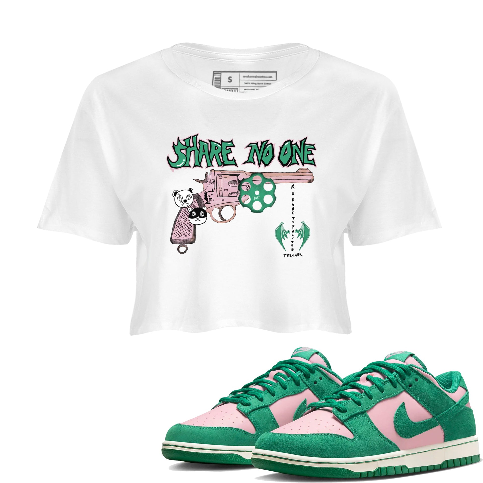 Dunk Medium Soft Pink Malachite shirt to match jordans Share No One sneaker tees Dunk Medium Soft Pink Malachite SNRT Sneaker Release Tees White 1 crop length shirt