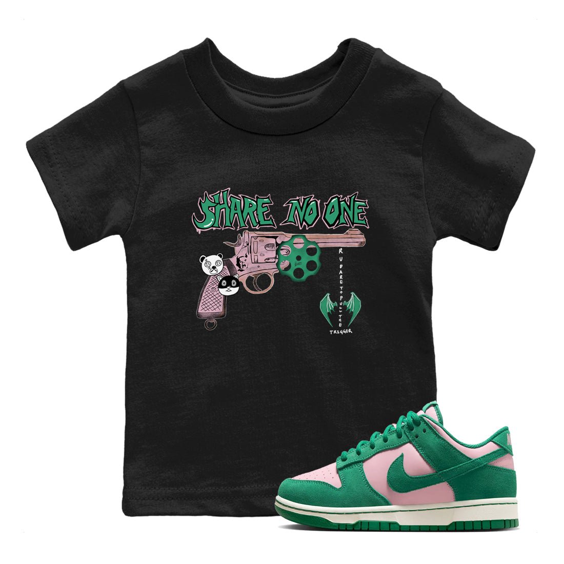 Dunk Medium Soft Pink Malachite shirt to match jordans Share No One sneaker tees Dunk Medium Soft Pink Malachite SNRT sneaker release tees baby toddler Black 1 cotton Shirt