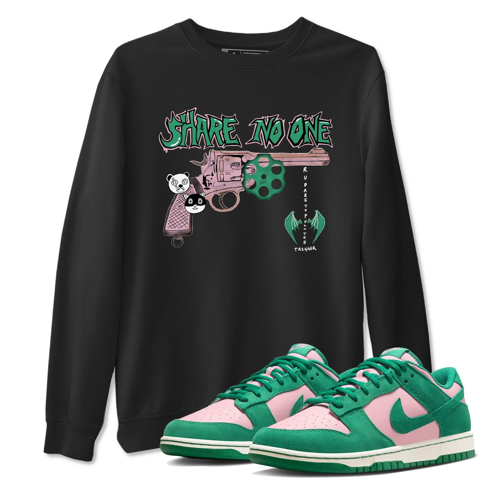 Dunk Medium Soft Pink Malachite shirt to match jordans Share No One sneaker tees Dunk Medium Soft Pink Malachite SNRT Sneaker Release Tees unisex cotton Black 1 crew neck shirt
