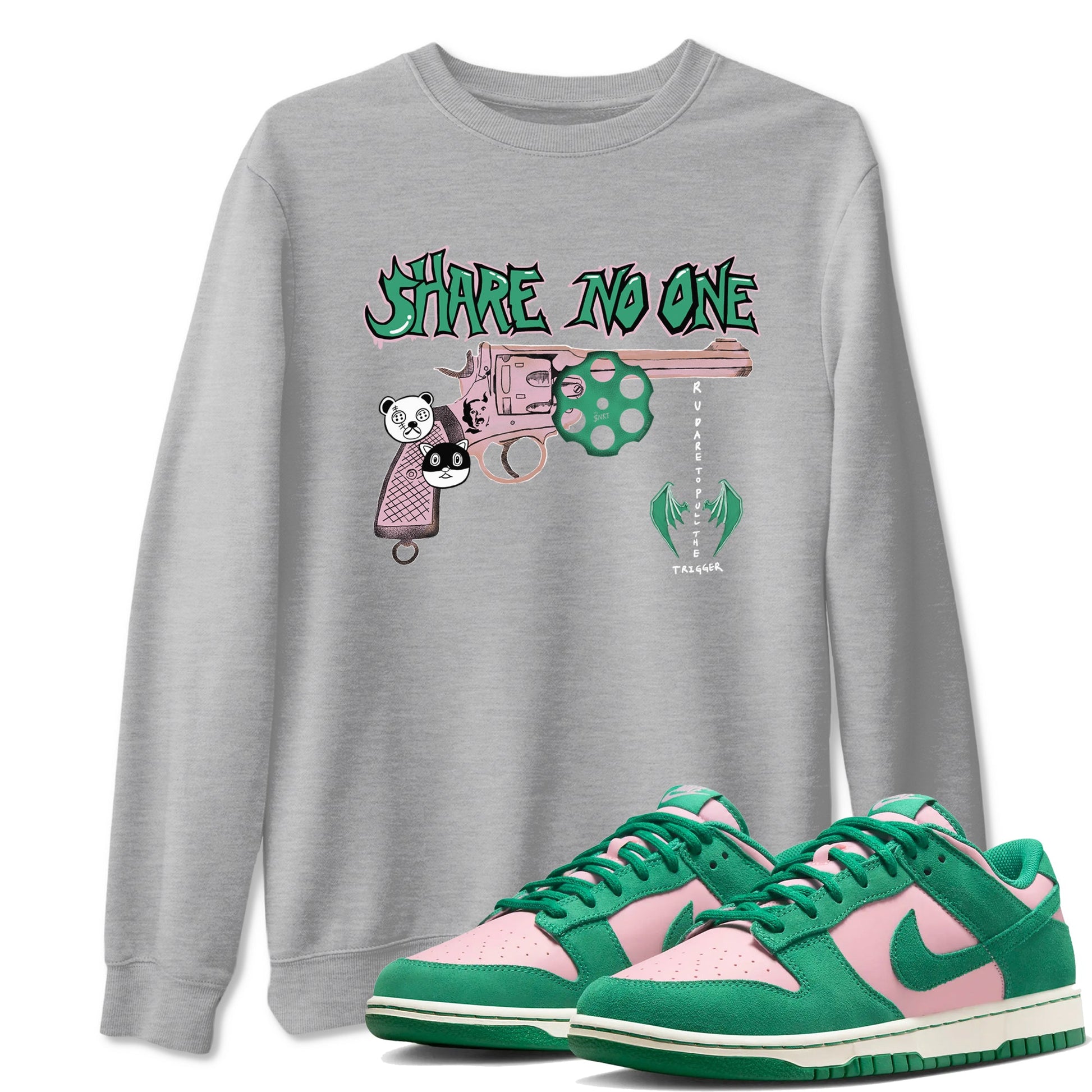 Dunk Medium Soft Pink Malachite shirt to match jordans Share No One sneaker tees Dunk Medium Soft Pink Malachite SNRT Sneaker Release Tees unisex cotton Heather Grey 1 crew neck shirt