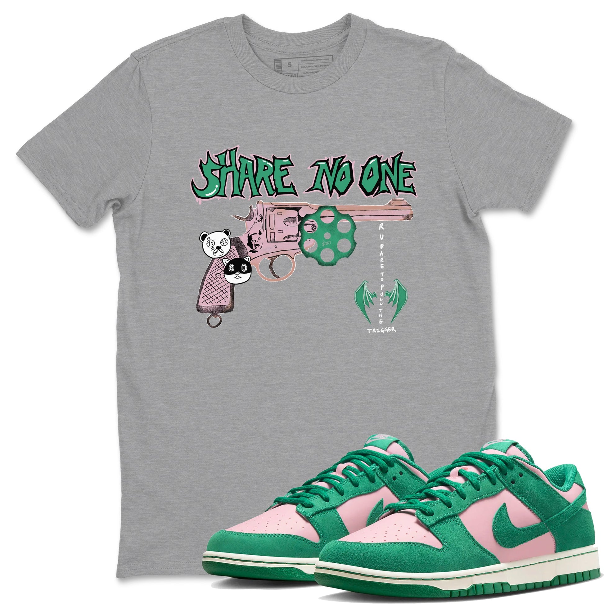 Dunk Medium Soft Pink Malachite shirt to match jordans Share No One sneaker tees Dunk Medium Soft Pink Malachite SNRT Sneaker Release Tees unisex cotton Heather Grey 1 crew neck shirt