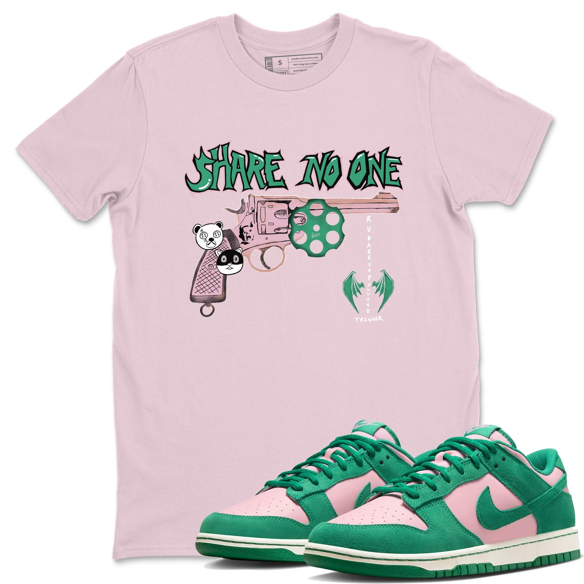 Dunk Medium Soft Pink Malachite shirt to match jordans Share No One sneaker tees Dunk Medium Soft Pink Malachite SNRT Sneaker Release Tees unisex cotton Pink 1 crew neck shirt