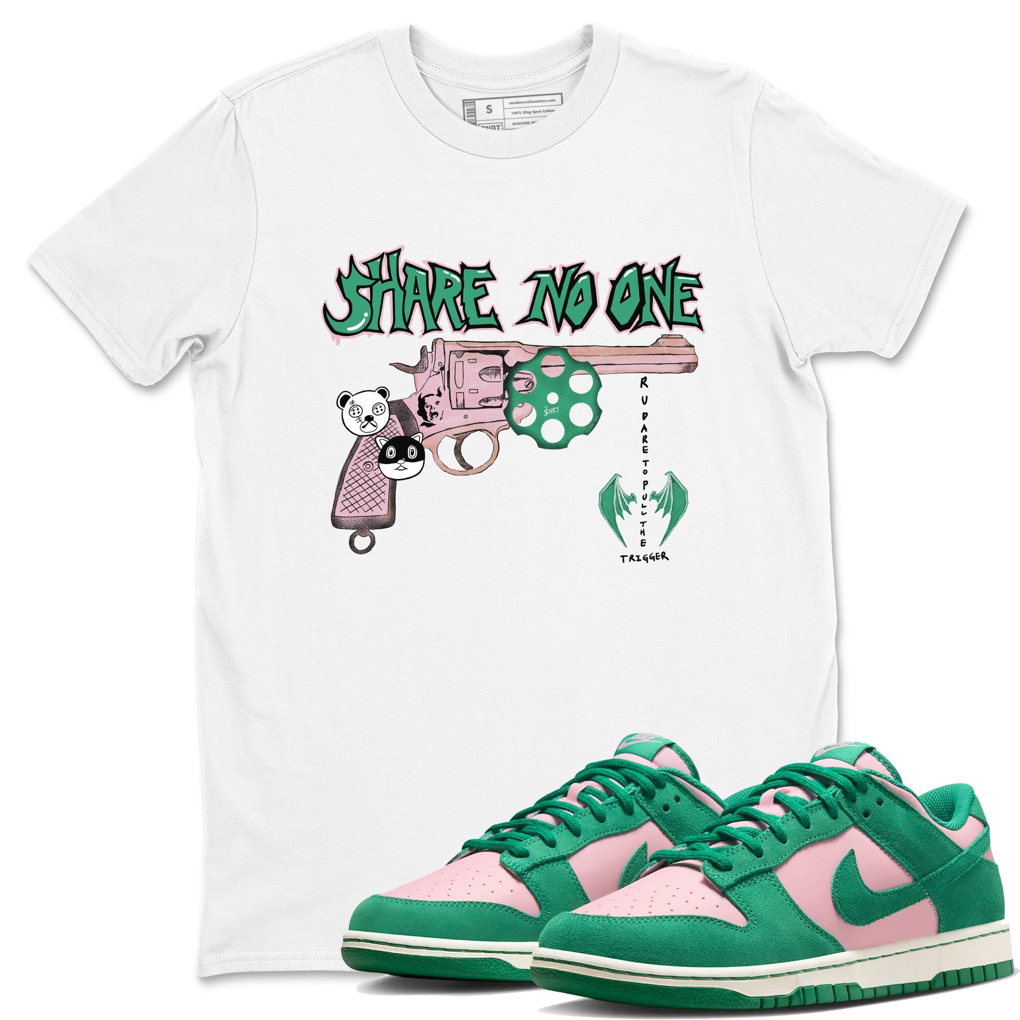 Dunk Medium Soft Pink Malachite shirt to match jordans Share No One sneaker tees Dunk Medium Soft Pink Malachite SNRT Sneaker Release Tees unisex cotton White 1 crew neck shirt