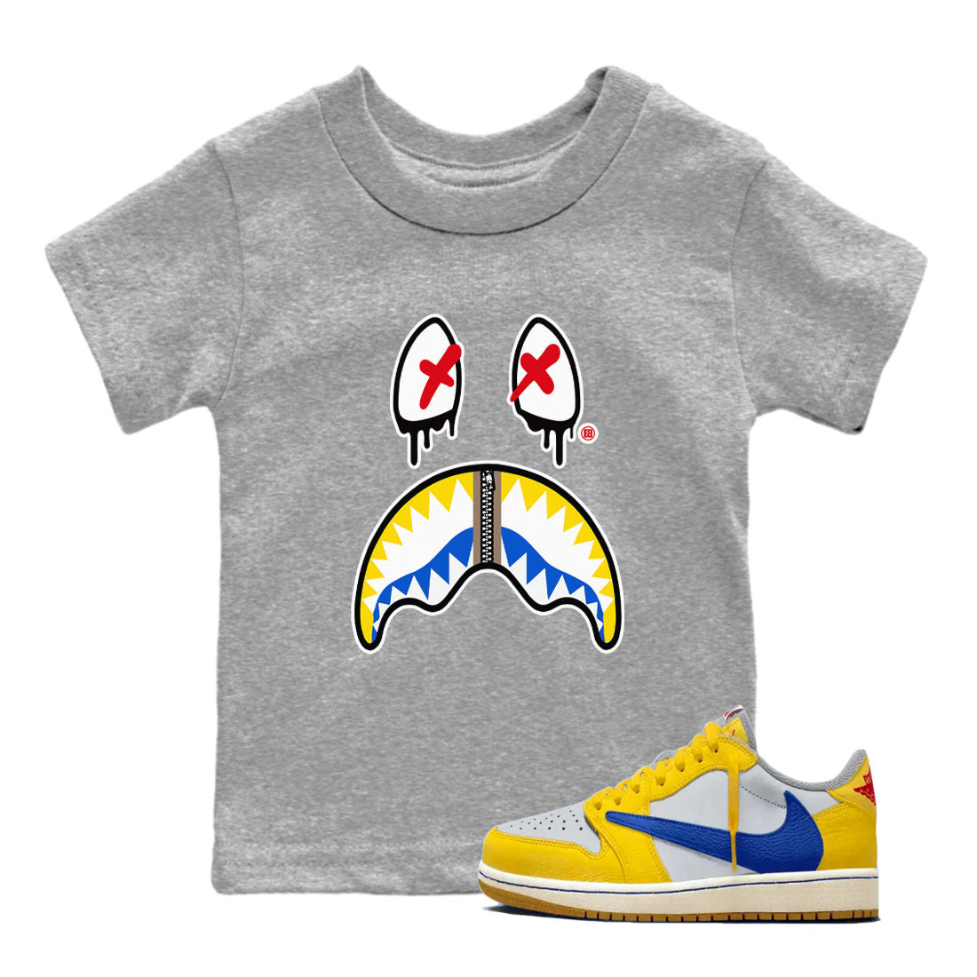 1s Travis Scott Canary shirt to match jordans Shark Face sneaker tees Air Jordan 1 Travis Scott Canary SNRT sneaker release tees baby toddler Heather Grey 1 cotton Shirt