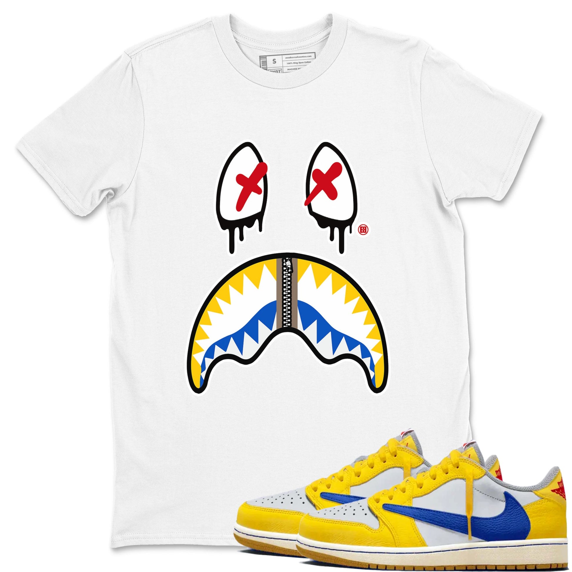 1s Travis Scott Canary shirt to match jordans Shark Face sneaker tees Air Jordan 1 Travis Scott Canary SNRT Sneaker Release Tees unisex cotton White 1 crew neck shirt