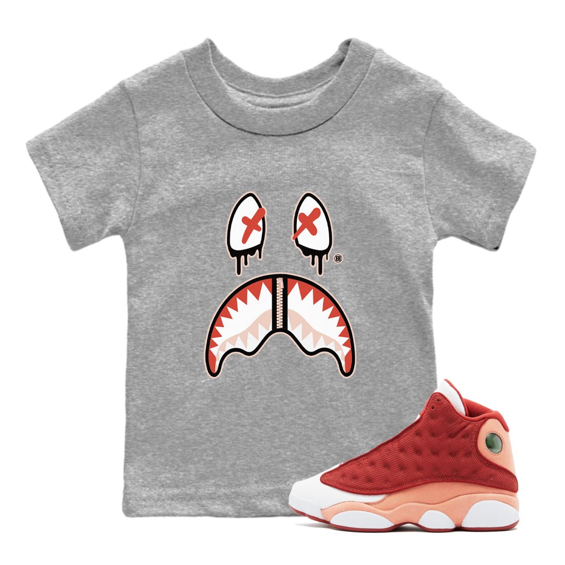 13s Dune Red shirts to match jordans Shark Face sneaker match tees Air Jordan 13 Dune Red SNRT Sneaker Tees streetwear brand Baby and Youth Heather Grey 1 cotton tee