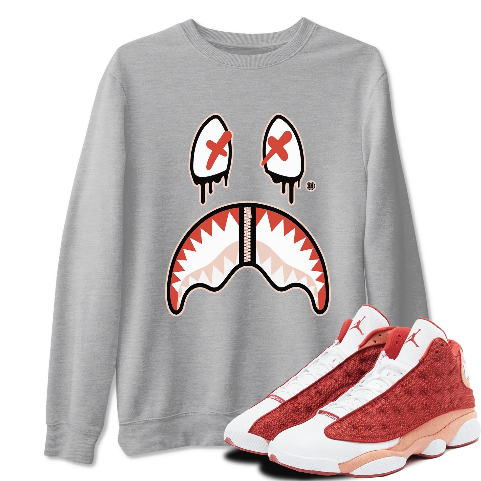 13s Dune Red shirts to match jordans Shark Face sneaker match tees Air Jordan 13 Dune Red SNRT Sneaker Tees streetwear brand Heather Grey 1 unisex cotton tee