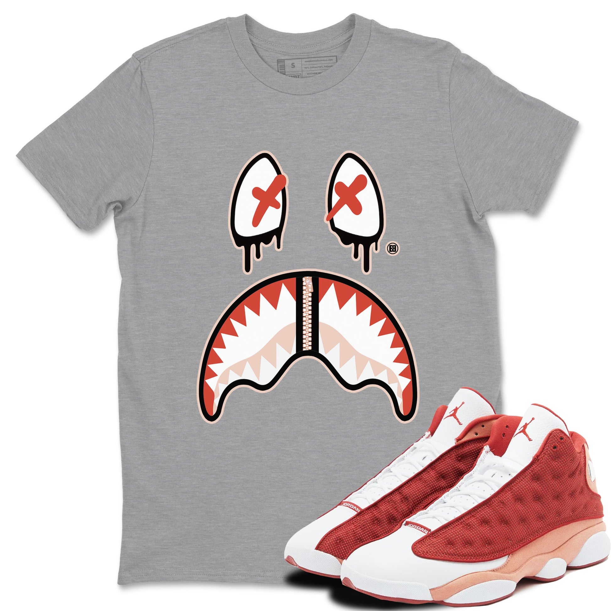 13s Dune Red shirts to match jordans Shark Face sneaker match tees Air Jordan 13 Dune Red SNRT Sneaker Tees streetwear brand Heather Grey 1 unisex cotton tee
