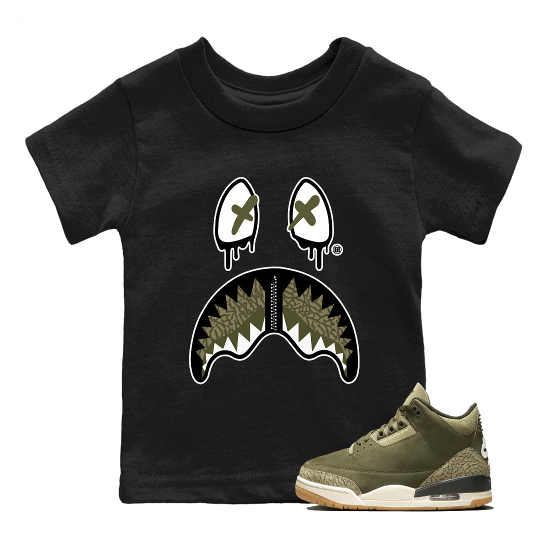 Sneaker Threads – Sneaker Tees To Match Air Jordan 3 Medium Olive – Shark Face Youth Graphic Tee Black 1. Perfect for Jordan releases 2025 colorways.
