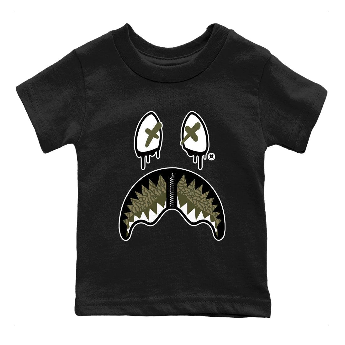 Sneaker Threads – Sneaker Tees To Match Air Jordan 3 Medium Olive – Shark Face Youth Graphic Tee Black 2. Perfect for Jordan releases 2025 colorways.
