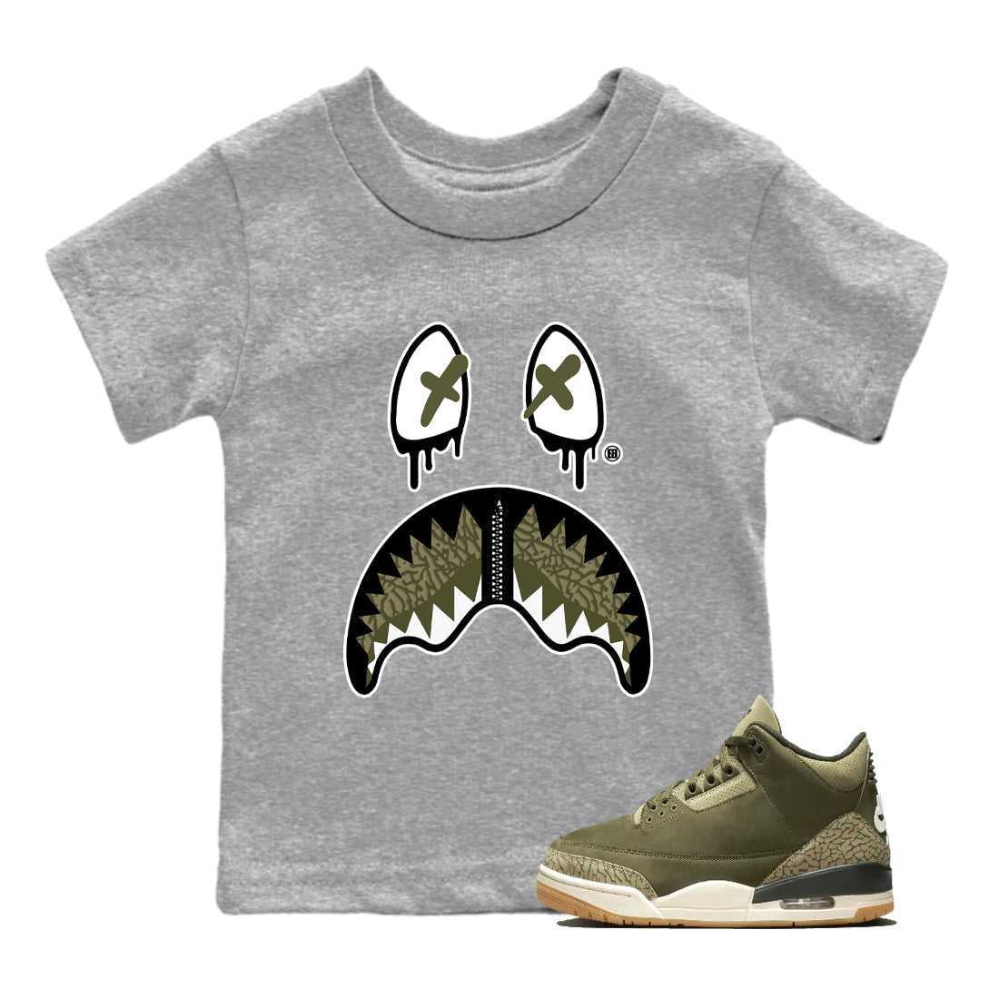 Sneaker Threads – Sneaker Tees To Match Air Jordan 3 Medium Olive – Shark Face Youth Graphic Tee Heather Grey 1. Perfect for Jordan releases 2025 colorways.