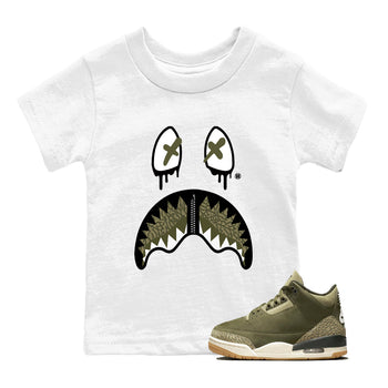Sneaker Threads – Sneaker Tees To Match Air Jordan 3 Medium Olive – Shark Face Youth Graphic Tee White 1. Perfect for Jordan releases 2025 colorways.