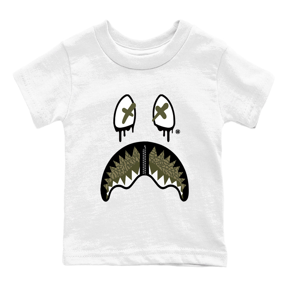 Sneaker Threads – Sneaker Tees To Match Air Jordan 3 Medium Olive – Shark Face Youth Graphic Tee White 2. Perfect for Jordan releases 2025 colorways.