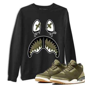 Sneaker Threads – Sneaker Tees To Match Air Jordan 3 Medium Olive – Shark Face Graphic Tee Black 1. Perfect for Jordan releases 2025 colorways.