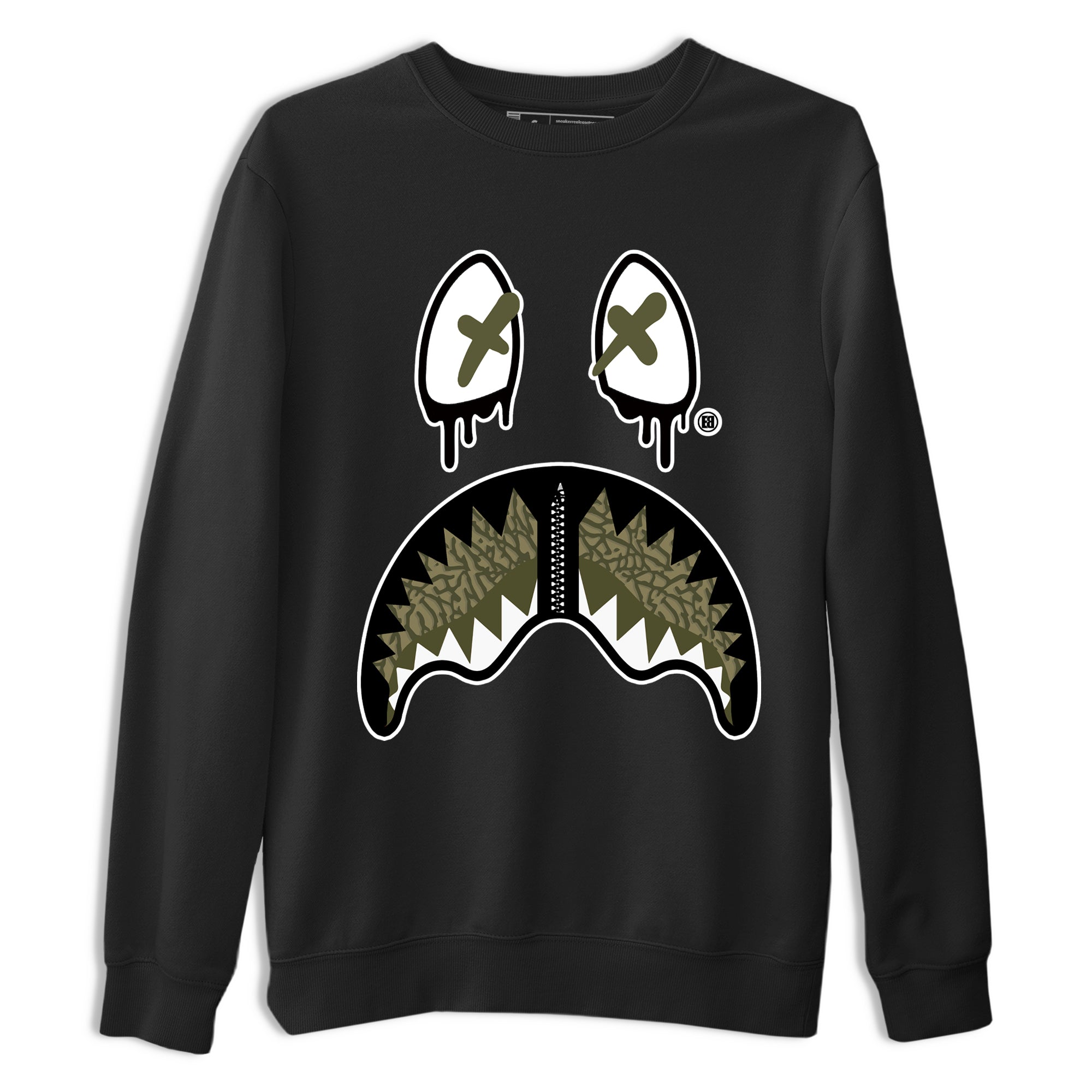 Sneaker Threads – Sneaker Tees To Match Air Jordan 3 Medium Olive – Shark Face Graphic Tee Black 2. Perfect for Jordan releases 2025 colorways.