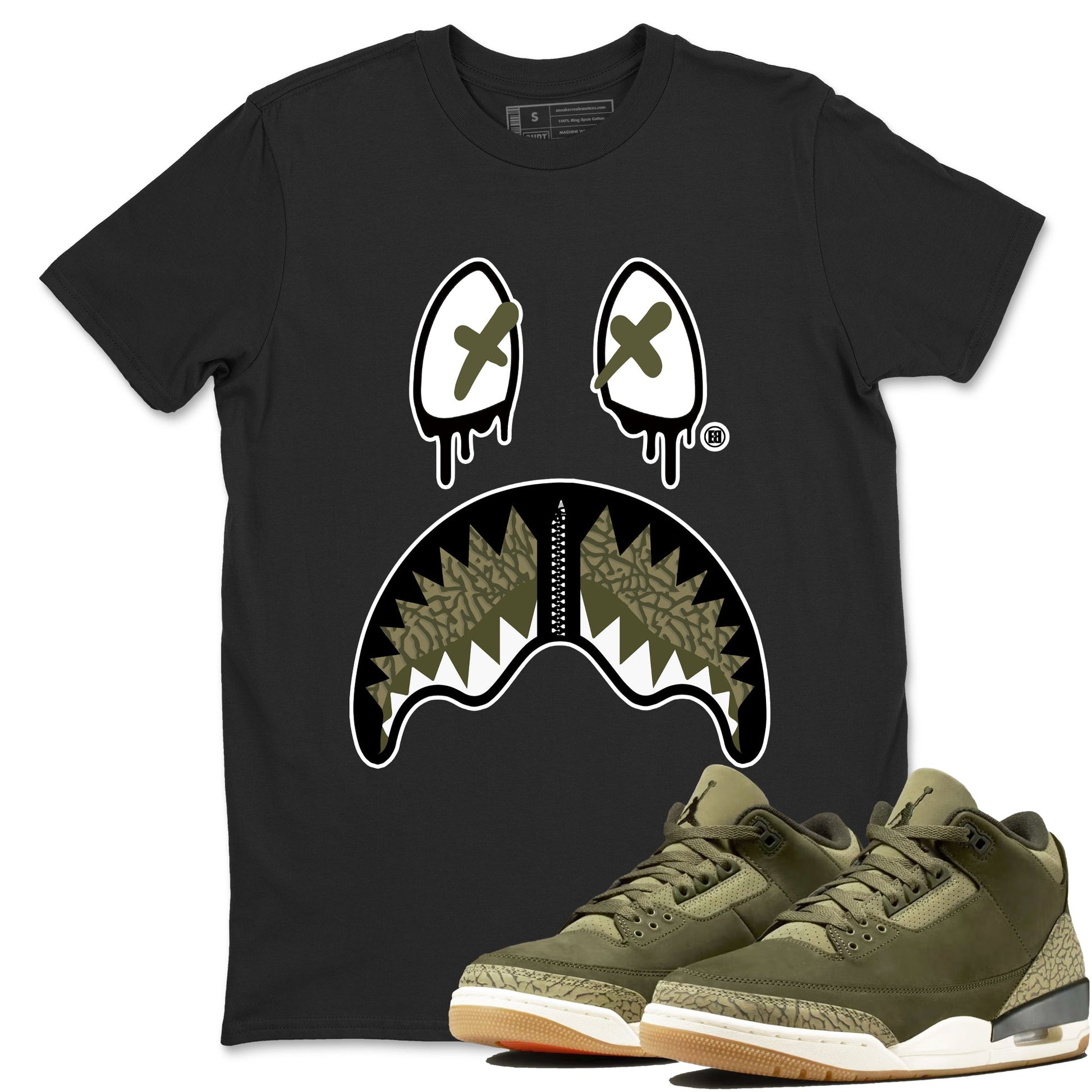Sneaker Threads – Sneaker Tees To Match Air Jordan 3 Medium Olive – Shark Face Graphic Tee Black 1. Perfect for Jordan releases 2025 colorways.