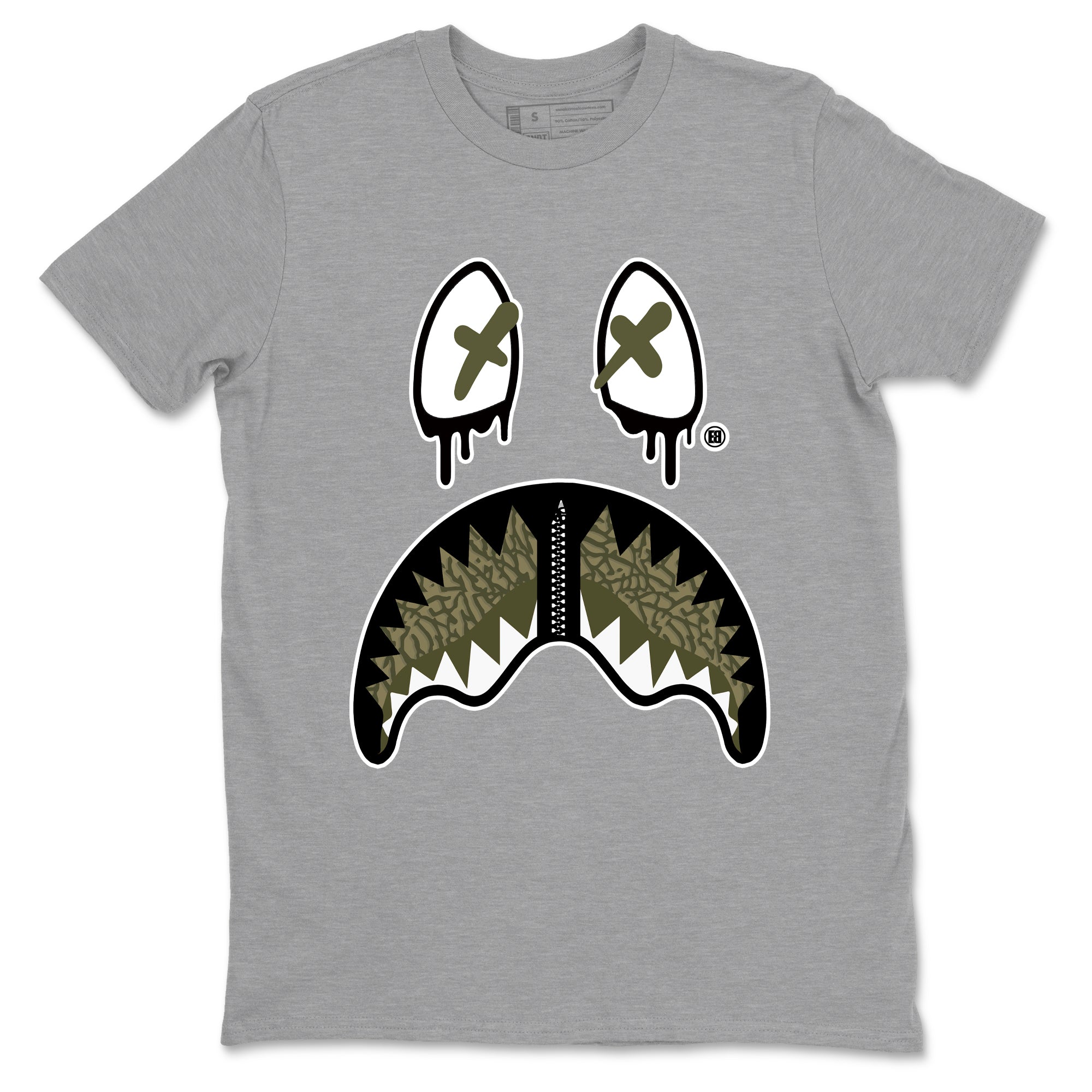 Sneaker Threads – Sneaker Tees To Match Air Jordan 3 Medium Olive – Shark Face Graphic Tee Heather Grey 2. Perfect for Jordan releases 2025 colorways.