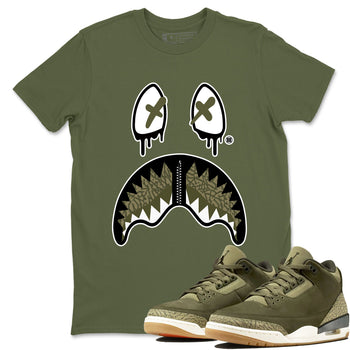 Sneaker Threads – Sneaker Tees To Match Air Jordan 3 Medium Olive – Shark Face Graphic Tee Military Green 1. Perfect for Jordan releases 2025 colorways.