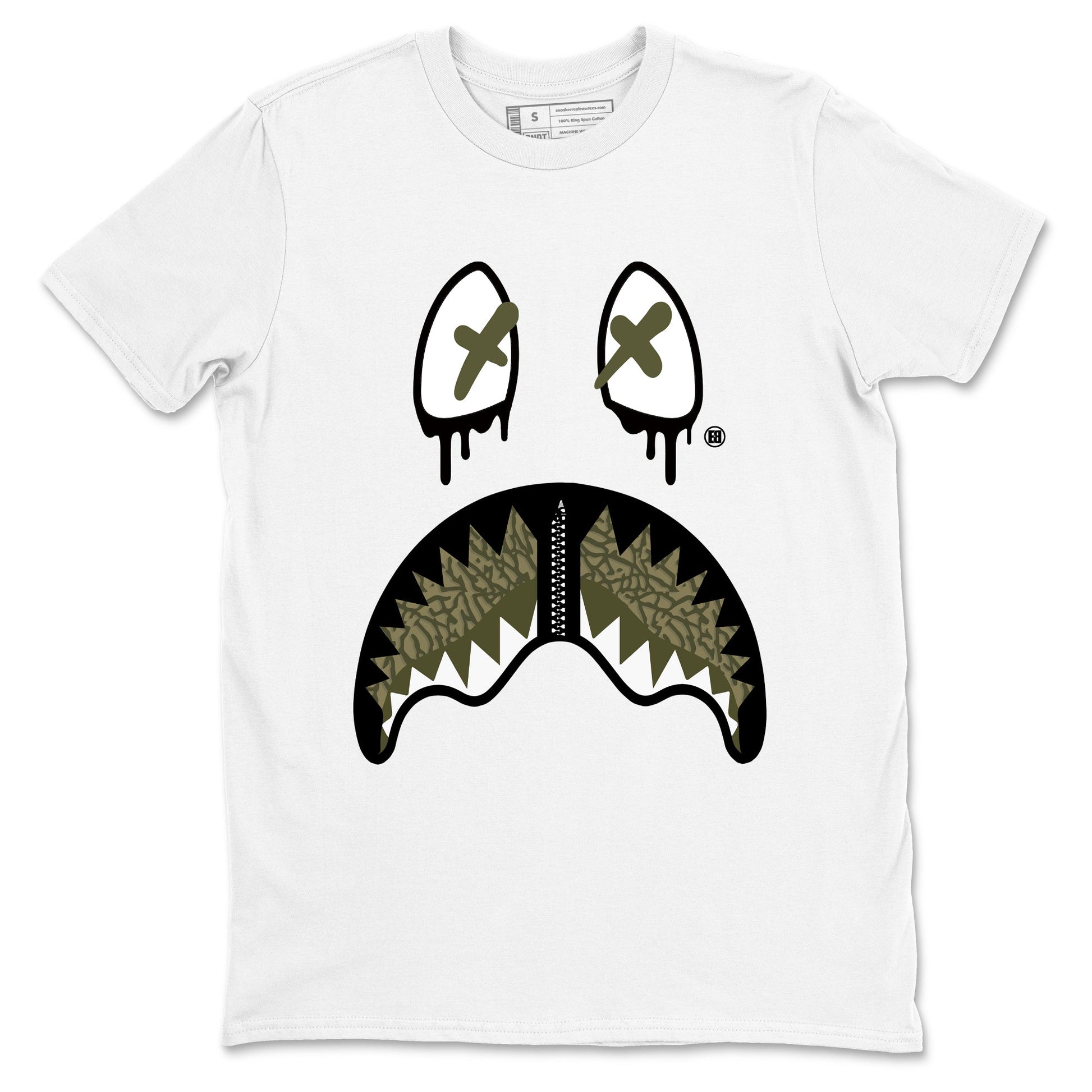 Sneaker Threads – Sneaker Tees To Match Air Jordan 3 Medium Olive – Shark Face Graphic Tee White 2. Perfect for Jordan releases 2025 colorways.