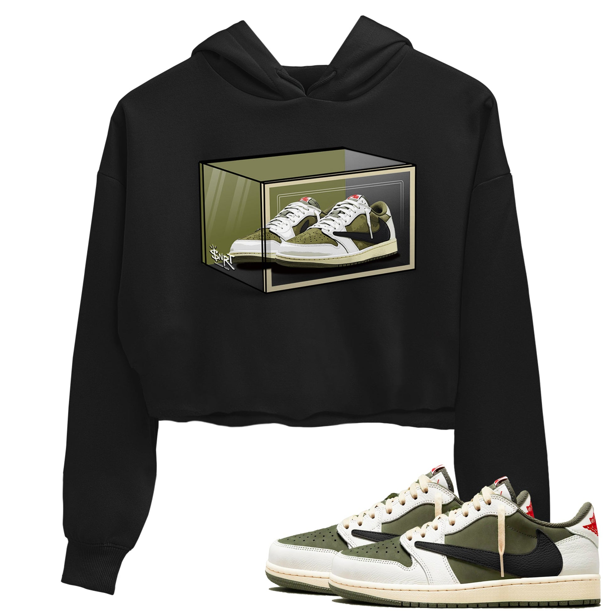 Jordan 1 Olive t shirts to match sneakers Shoe Box sneaker match tees Air Jordan 1 Low x Travis Scott Reverse Olive tee SNRT Sneaker Tees unisex cotton Black 1 crop tee