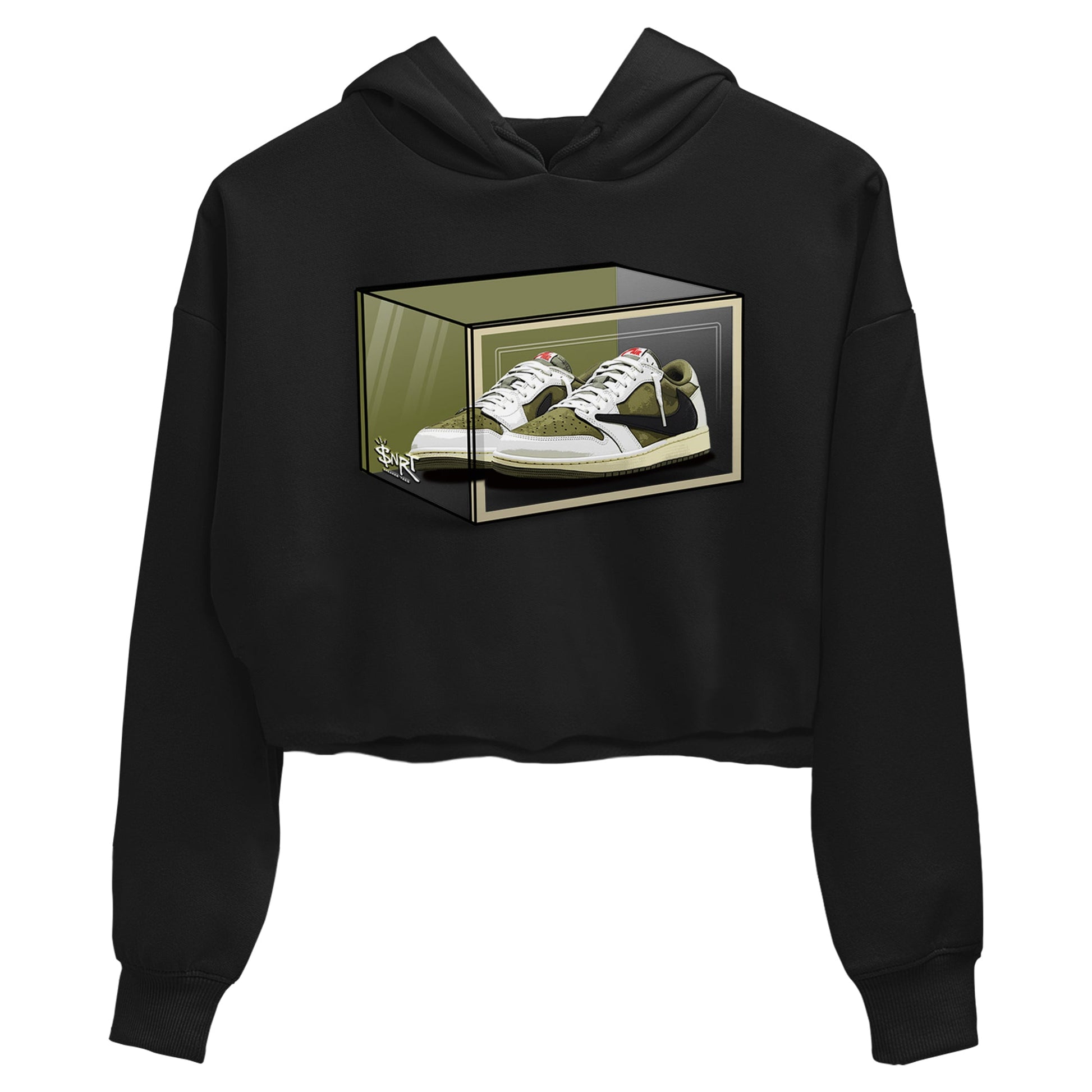 Jordan 1 Olive t shirts to match sneakers Shoe Box sneaker match tees Air Jordan 1 Low x Travis Scott Reverse Olive tee SNRT Sneaker Tees unisex cotton Black 2 crop tee