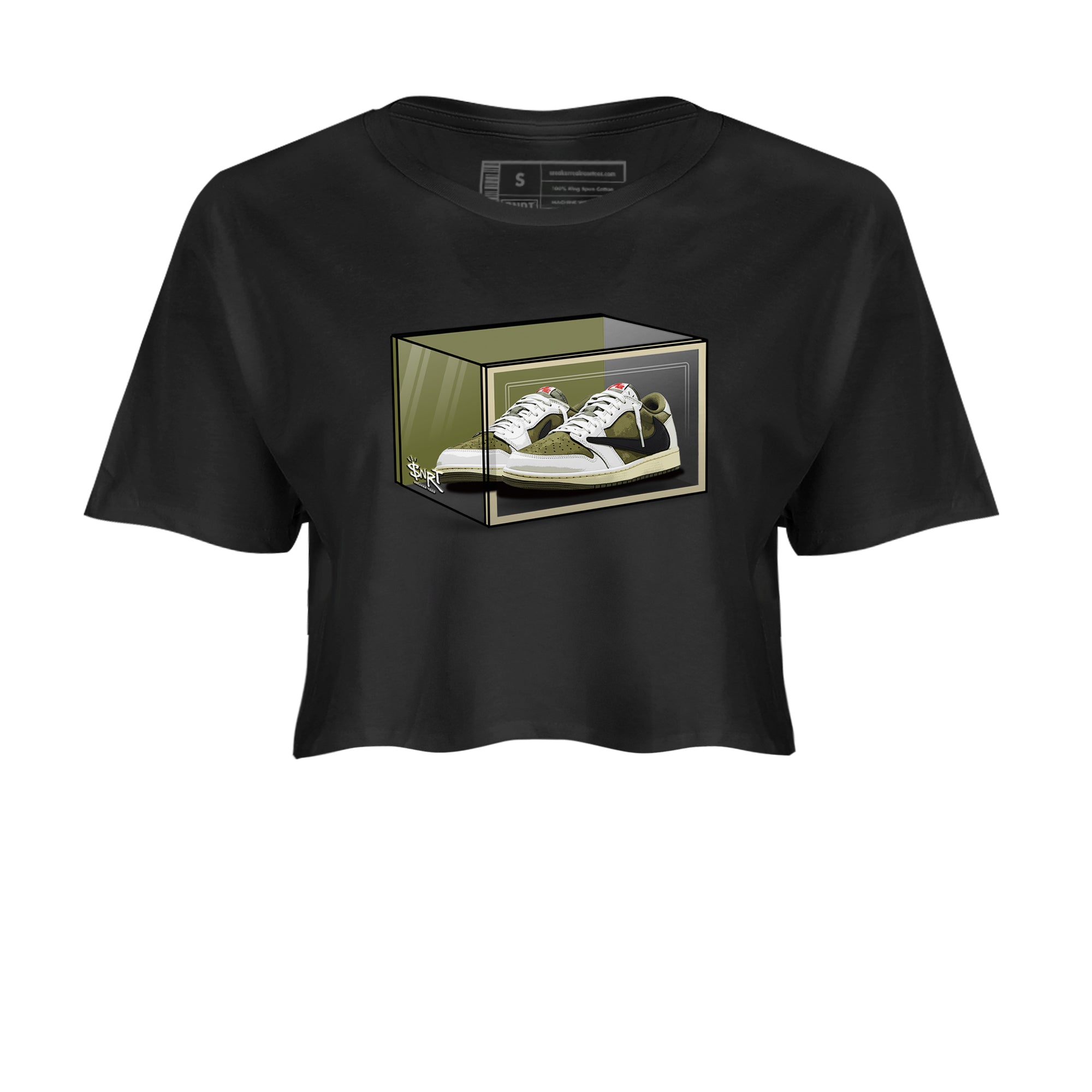 Jordan 1 Olive t shirts to match sneakers Shoe Box sneaker match tees Air Jordan 1 Low x Travis Scott Reverse Olive tee SNRT Sneaker Tees unisex cotton Black 2 crop tee