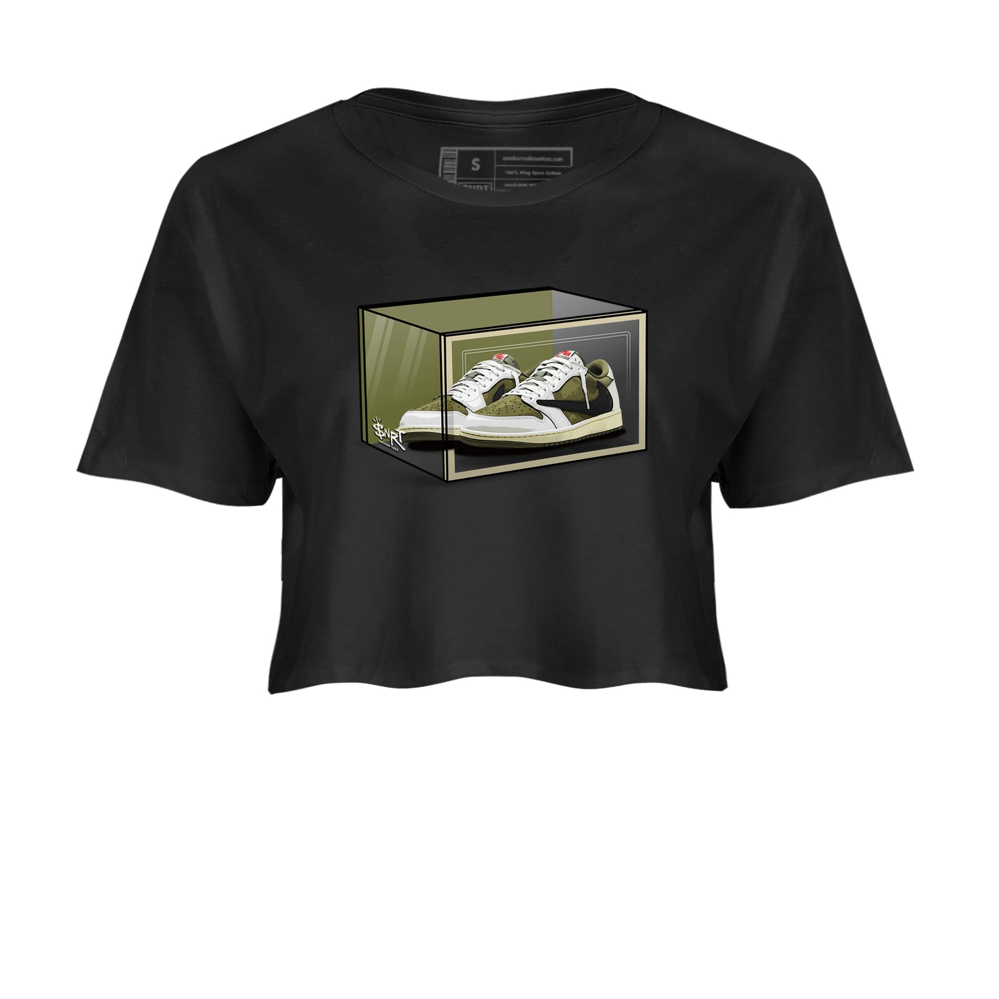 Jordan 1 Olive t shirts to match sneakers Shoe Box sneaker match tees Air Jordan 1 Low x Travis Scott Reverse Olive tee SNRT Sneaker Tees unisex cotton Black 2 crop tee